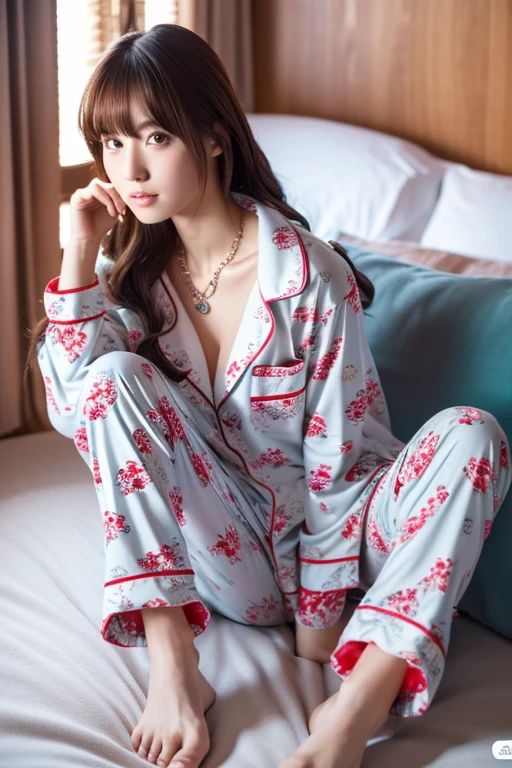 (8k, RAW photo, best quality, masterpiece:1.2), (realistic, photo-realistic:1.4), (extremely detailed 8k wallpaper), pretty Japanese girl, necklace, (Pajama pants), sitting with knees up on bed, spread legs