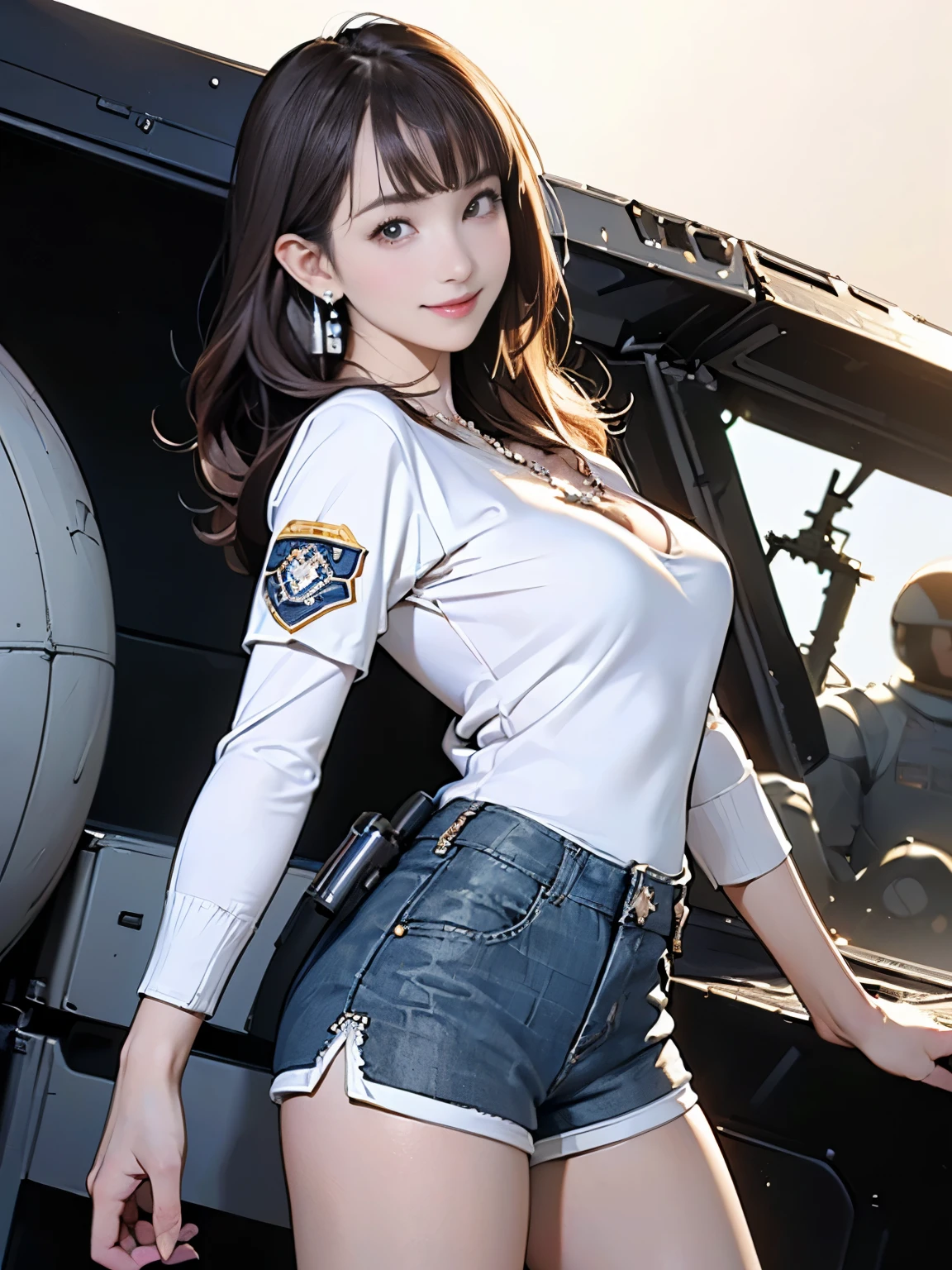 ((((highest quality))))、(((Ultra-precision CG16K wallpaper)))、(((masterpiece)))、(((Super detailed)))、(((Extreme detail)))、((１Mature 29 year old woman:1.6))、((Very beautiful Japanese faces))、((Yua Mikami:1.5))、((Straight medium hair、blunt bangs:1.5))、(Shiny brown hair)、Beautiful delicate brown eyes、eyeliner、eye shadow、High nose、Small nostrils、Small Mouth、Seductive lips、Beautiful breasts、((C cup size breasts))、Cleavage、Voluptuous body、eight-headed body、Perfect proportions、Perfect Anatomy、Perfect composition、Beautiful detailed shading、Beautiful, natural lighting、Beautiful detail glow、Depth of written boundary、(((High chroma)))、(((Real:1.9)))、((vivid:1.5))、((Beautiful Skin))、((Skin Texture))、((Realな皮膚感))、(((Cowboy Shot:1.6)))、((Front view、Front low angle:1.6))、(((Smile:1.6)))、(The woman is looking at this:1.6)、Bright daylight、Natural light、(((Spacecraft cockpit:1.5)))、(Standing pose:1.5)、(((White Earth Defense Force uniform、Wearing shorts:1.6)))、((Earrings、Wearing a necklace:1.5))、