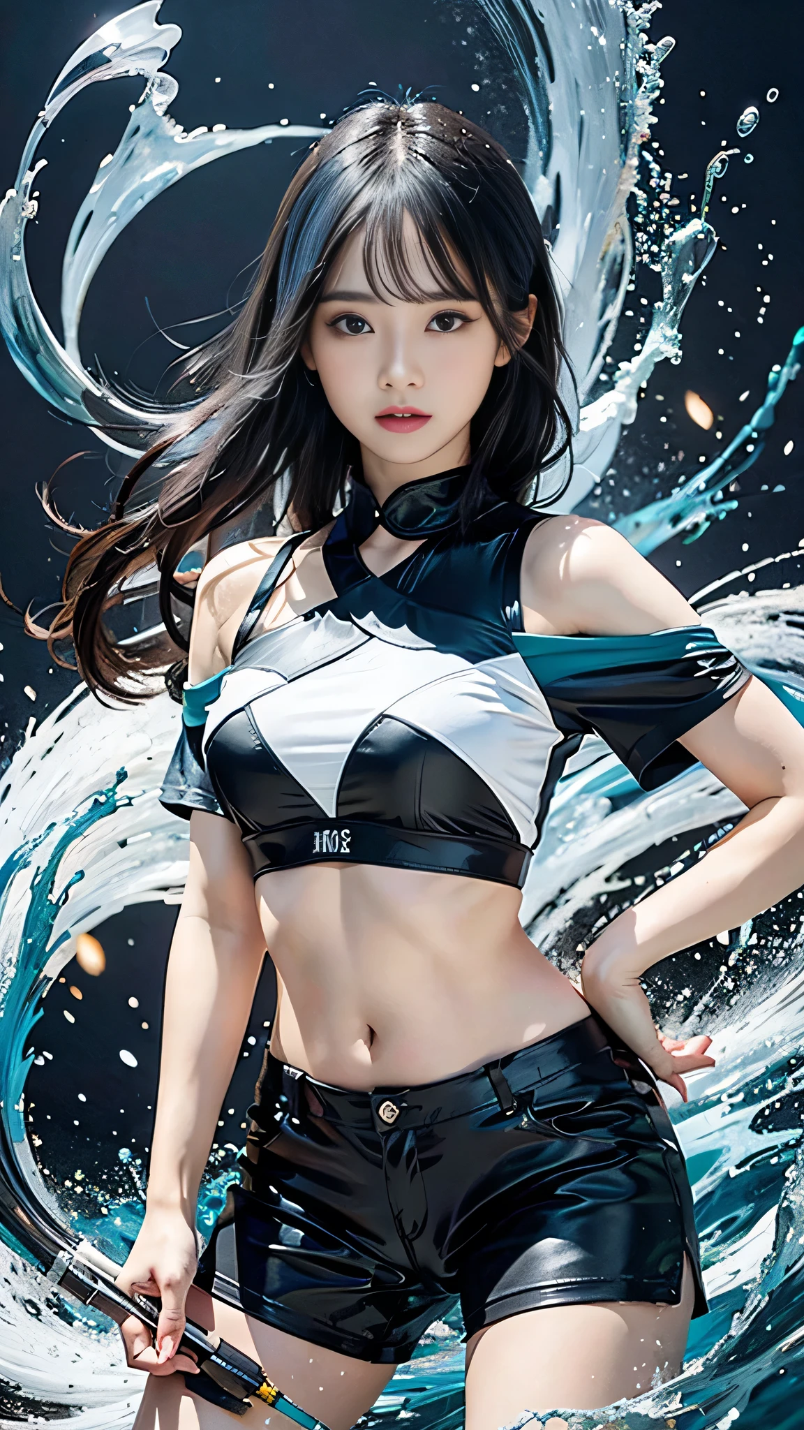 Award-winning Samdo art style、Wearing a crop top and cargo pants、Dark blue teal hair style with head movement、Half-body portrait of a beautiful woman with flowing hair。, Paint splashes, Splash, Overtake, Vaporware, Shaded flat illustration, Digital Art, Trending on Artstation, Very detailed, The finer details, Complex