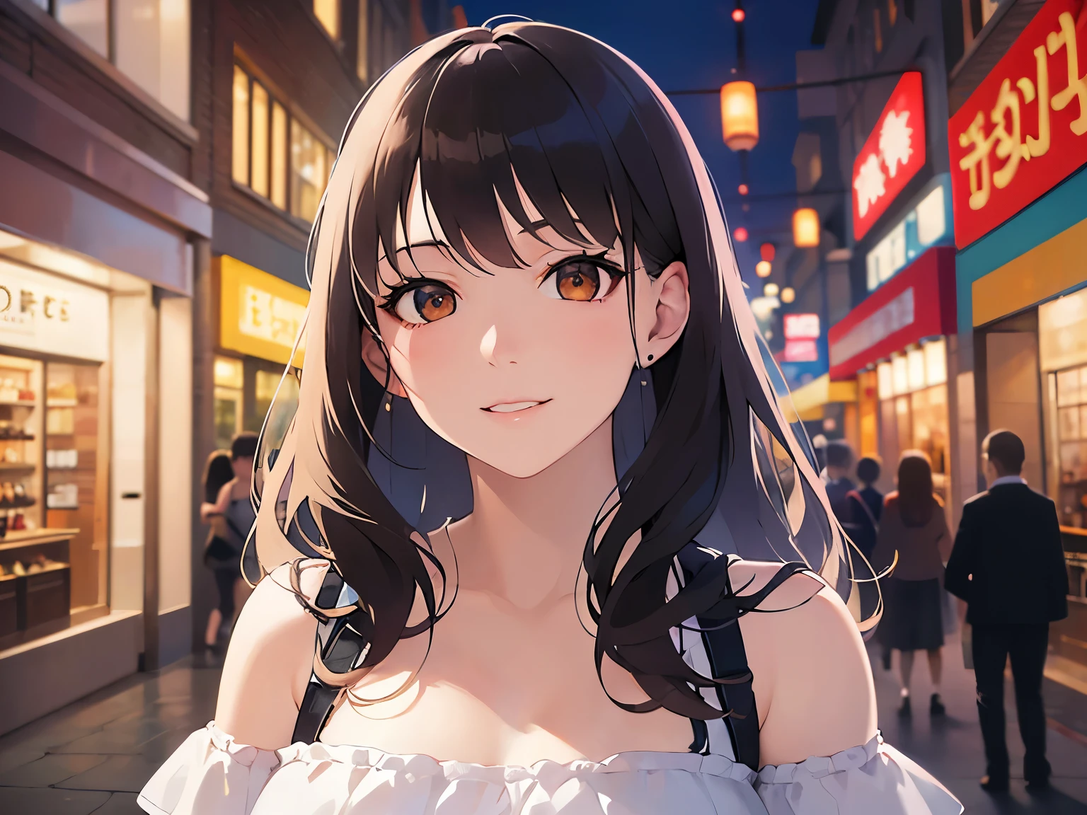 look back, Upper Body, Realistic, real person, (pale skin: 1.2), RAW photo, photorealistic, portrait photography, shiny skin, shiny hair、(A 25-year-old woman with medium-length hair and bangs) and (wavy hair) and (brown hair) and (orange eyes) ,White off-shoulder blouse、smile, The background is a shopping street at night、Alone、Are standing