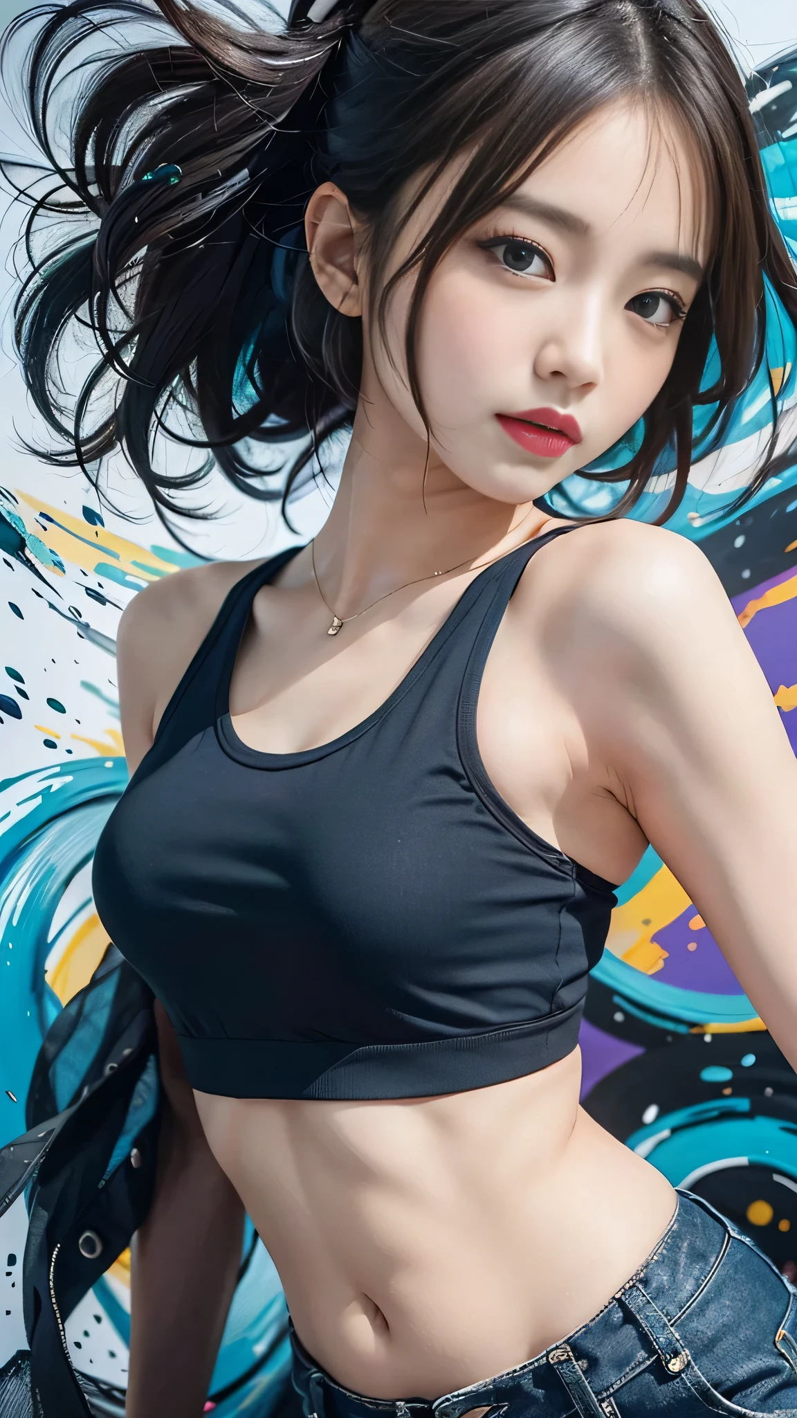 Award-winning Samdo art style、Wearing a crop top and cargo pants、Dark blue teal hair style with head movement、Half-body portrait of a beautiful woman with flowing hair。, Paint splashes, Splash, Overtake, Vaporware, Shaded flat illustration, Digital Art, Trending on Artstation, Very detailed, The finer details, Complex