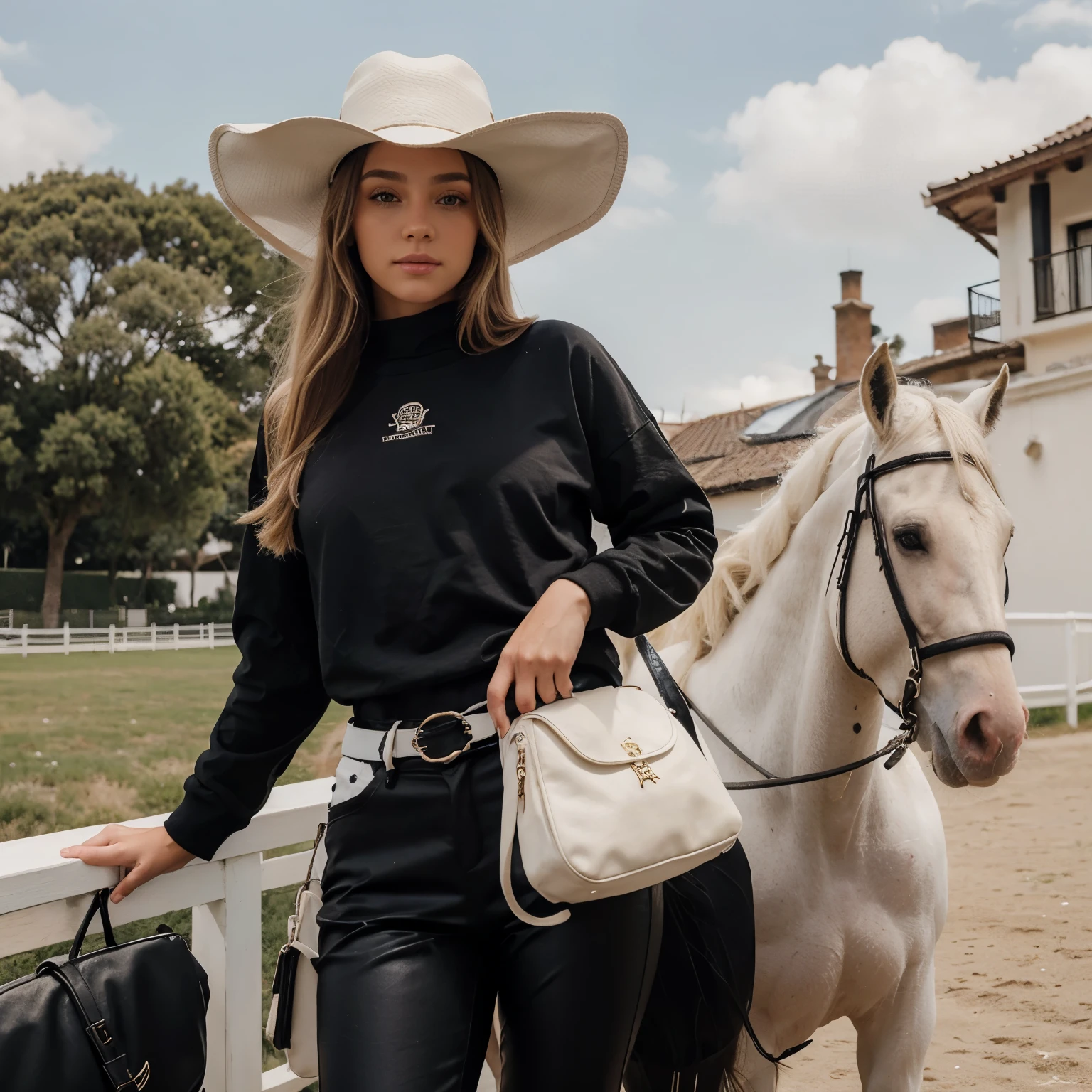 Girl with light hair, black pants, buzo blanco y gorra blanca en un caballo con su novio al lado en otro caballo vestido de negro con un sombrero