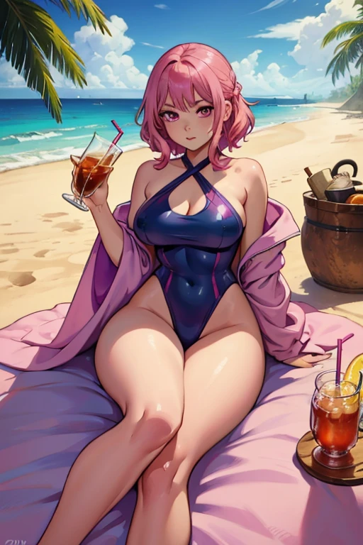 A pink haired woman with violet eyes with an hourglass figure in a cute one piece swimsuit is drinking iced tea on a blanket on the beach
