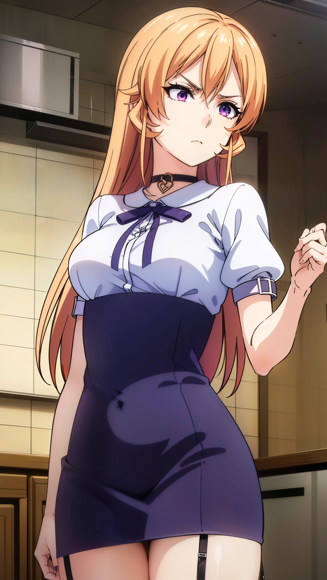 erinanakiri, erina nakiri, long hair, orange hair, (purple eyes:1.1), hair between eyes, frown, angry,
BREAK (black choker, choker, emblem, garter straps, neck ribbon, plaid, puffy short sleeves, puffy sleeves, purple ribbon:1.2),
BREAK indoors, kitchen,
BREAK looking at viewer, (cowboy shot:1.5),
BREAK (masterpiece:1.2), best quality, high resolution, unity 8k wallpaper, (illustration:0.8), (beautiful detailed eyes:1.6), extremely detailed face, perfect lighting, extremely detailed CG, (perfect hands, perfect anatomy),