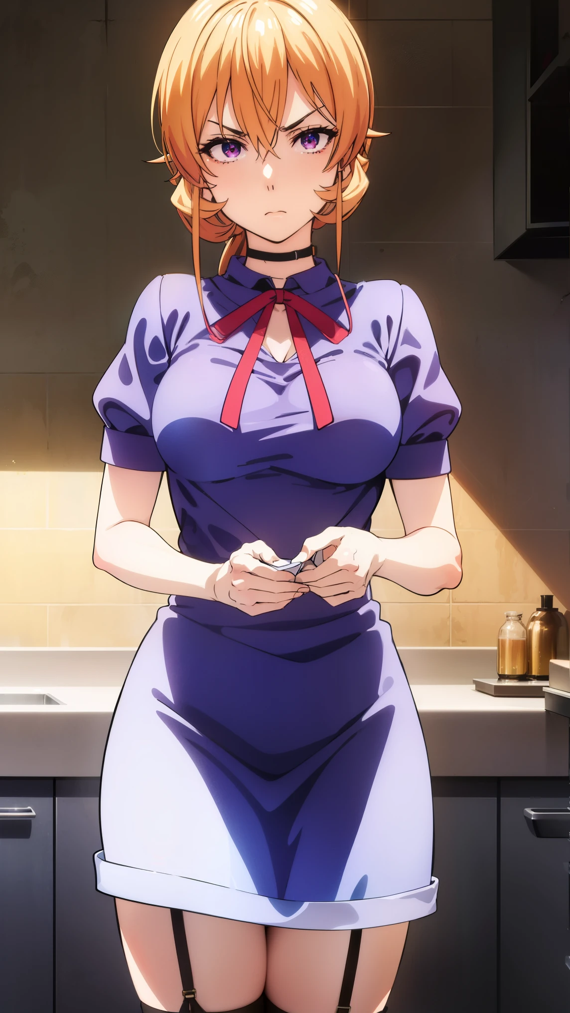 erinanakiri, erina nakiri, long hair, orange hair, (purple eyes:1.1), hair between eyes, frown, angry,
BREAK (black choker, choker, emblem, garter straps, neck ribbon, plaid, puffy short sleeves, puffy sleeves, purple ribbon:1.2),
BREAK indoors, kitchen,
BREAK looking at viewer, (cowboy shot:1.5),
BREAK (masterpiece:1.2), best quality, high resolution, unity 8k wallpaper, (illustration:0.8), (beautiful detailed eyes:1.6), extremely detailed face, perfect lighting, extremely detailed CG, (perfect hands, perfect anatomy),