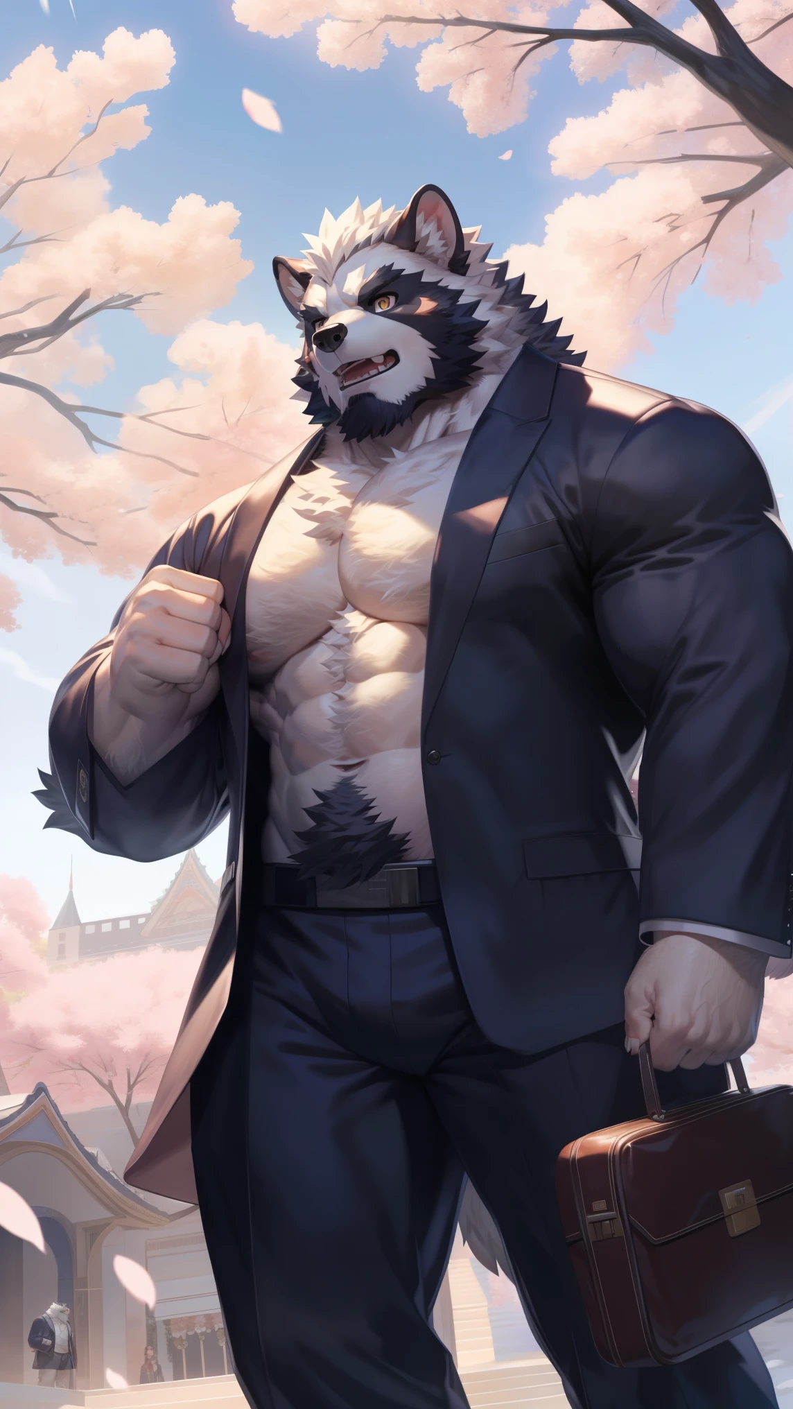 Solitary, anthropology, hairy, hairy male, Wolf, ((Fluffy fur, Fluffy, hairy body)), (Wolf印), (White beard), middle aged, Gray body, White belly, muscular, White, Big muscles, Yellow eyes, Tail, deTailed teeth, deTailed face, Fundos,((Open it) black formal), briefcase, deTailed Fluffy fur, deTailed face, Fantasy Castle Venue, look up to the sky, majestic, barbarous, confident, Strong, Cherry blossoms, Cherry blossoms 花朵 叶子, (through empty ghost, From raccoon21, masterpiece, high quality, high resolution,8k), permanent,Close-up portraits, outdoor, Dynamic poses, Looking at the audience, Front view, fist