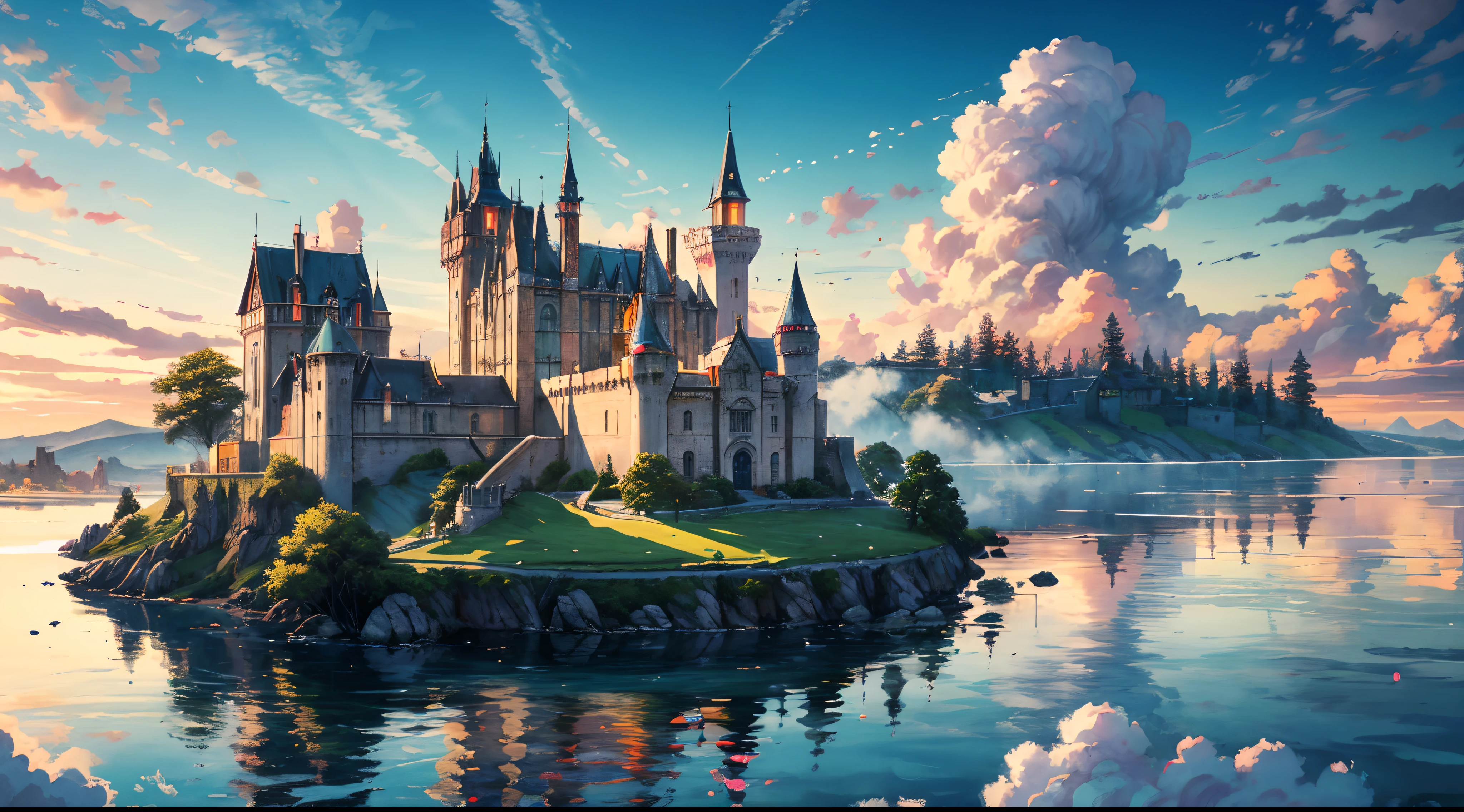 A majestic castle floating on a sky island, rappelant une forteresse de style anglais, suspendu au dessus de nuages duveteux, bask in the warm glow of the sun, rayonnant de couleurs vibrantes, chef-d'artwork
