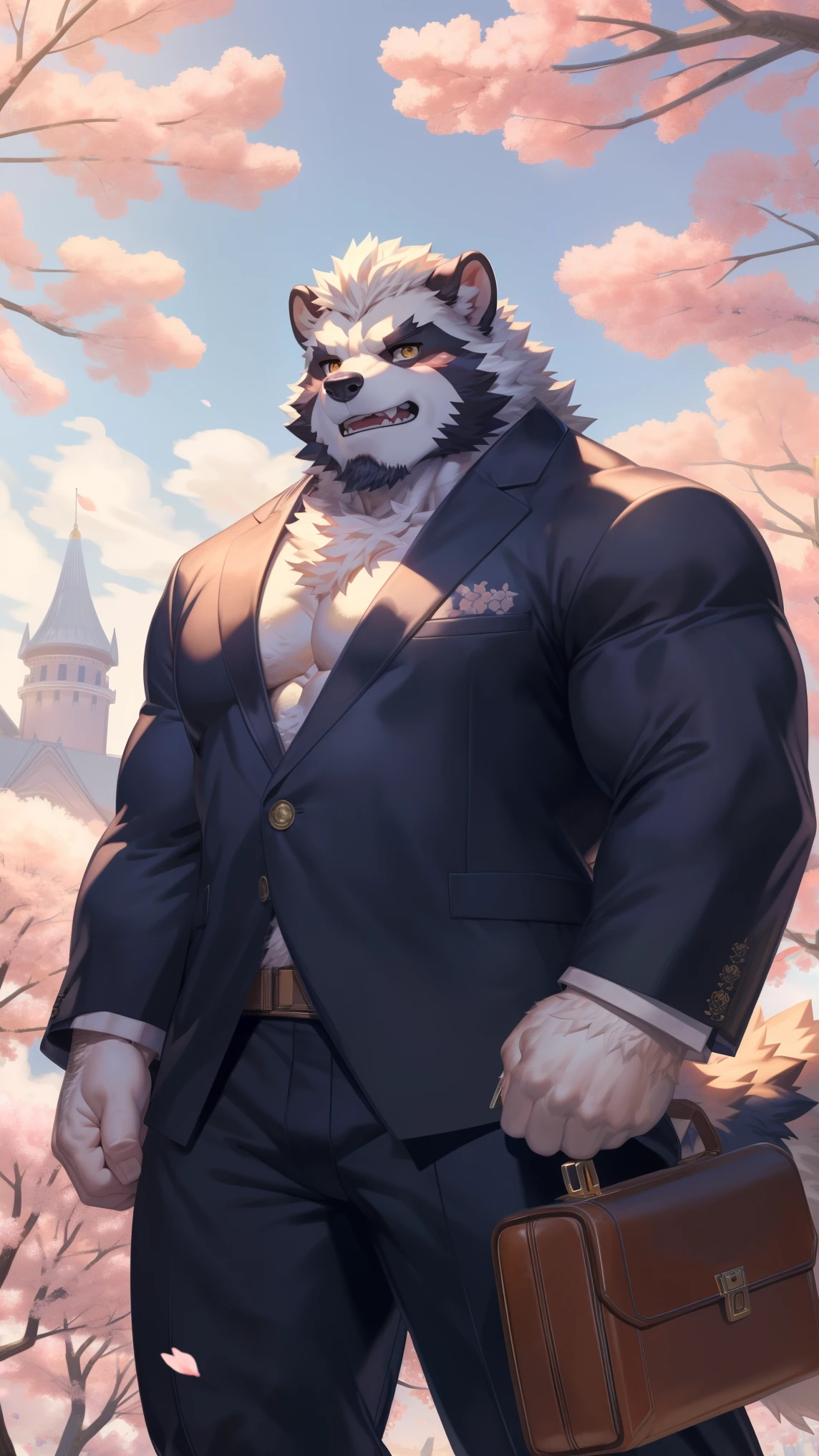 Solitary, anthropology, hairy, hairy male, Wolf, ((Fluffy fur, Fluffy, hairy body)), (Wolf印), (White beard), middle aged, Gray body, White belly, muscular, White, Big muscles, Yellow eyes, Tail, deTailed teeth, deTailed face, Fundos,((Open it) black formal), briefcase, deTailed Fluffy fur, deTailed face, Fantasy Castle Venue, look up to the sky, majestic, barbarous, confident, Strong, Cherry blossoms, Cherry blossoms 花朵 叶子, (through empty ghost, From raccoon21, masterpiece, high quality, high resolution,8k), permanent,Close-up portraits, outdoor, Dynamic poses, Looking at the audience, Front view, fist