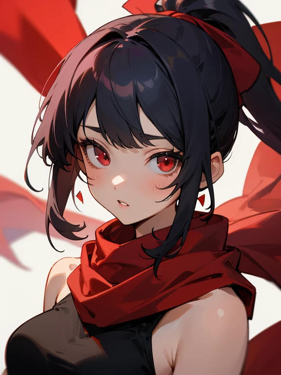 (black hair, side up ponytail, The back hair remains long), portrait, passionate girl, a powerful smile, golden eyes, red scarf, B cup
