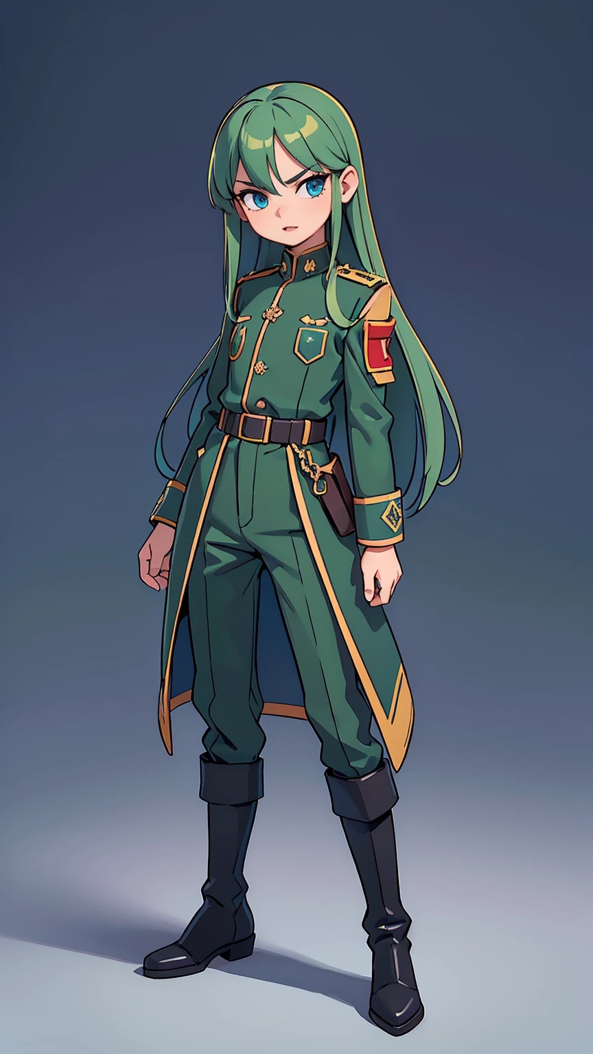 masterpiece, best quality, highres, ultra-detailed),(beautiful and aesthetic:1.2), 1person, genderless, androgynous, flat chest, ((juniper dark green hair)), ((long hair)), ((blue eyes)), handsome, black military uniform, pants, silver details, high boots, standing, posing, intricate details, full body, red armband, (purple lips)