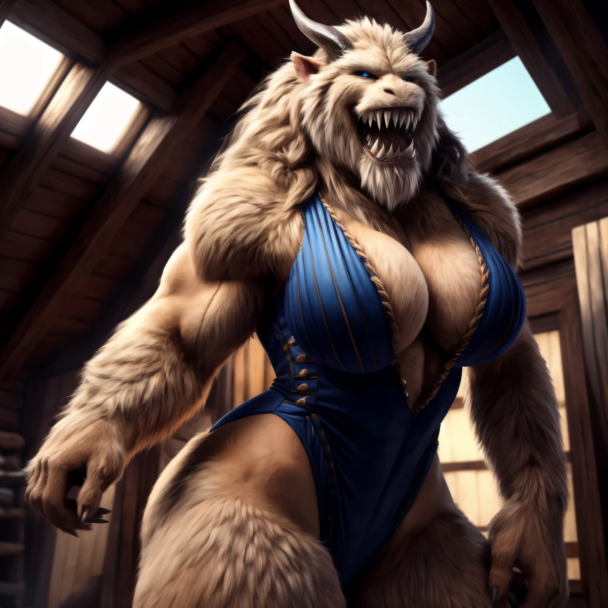 "(best quality, highres, realistic:1.37), photorealistic portrait, solo, woman transformed into a yeti monster, highcut leotard (tr1ppyb0dysu1t, trippy leotard,), large busty breasts, super muscular body, curvy figure, broad hips, fur covering the body, long flowing hair, sharp claws, intimidating sharp teeth, strong jaws, imposing horns, piercing blue eyes, setting - cabin bedroom, looking at camera, dynamic lighting,"