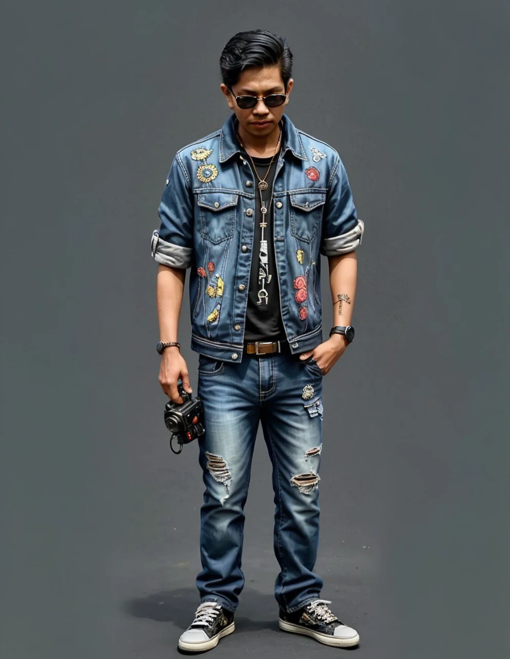 Sunset Serenade: Gitaris tampan Indonesia usia 25 tahun, berbaju style rock bermain gitar dengan penuh semangat di dekat api unggun, dengan background mobil van antik, lampu hangat, dan penonton di sekitar selama jam emas, dengan warna-warna cerah dan mencolok.matahari senja, style raw