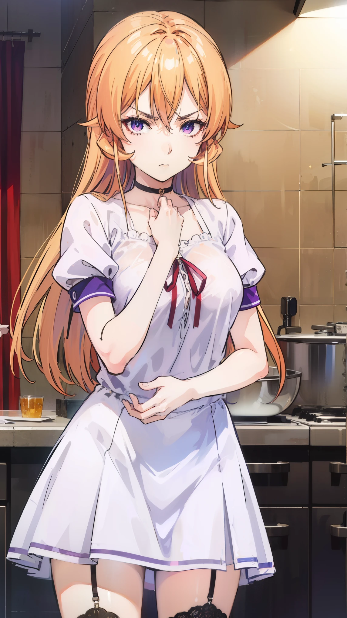 erinanakiri, erina nakiri, long hair, orange hair, (purple eyes:1.1), hair between eyes, frown, angry,
BREAK (black choker, choker, emblem, garter straps, neck ribbon, plaid, puffy short sleeves, puffy sleeves, purple ribbon:1.2),
BREAK indoors, kitchen,
BREAK looking at viewer, (cowboy shot:1.5),
BREAK (masterpiece:1.2), best quality, high resolution, unity 8k wallpaper, (illustration:0.8), (beautiful detailed eyes:1.6), extremely detailed face, perfect lighting, extremely detailed CG, (perfect hands, perfect anatomy),
