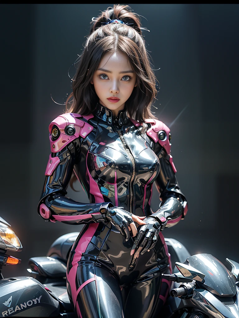 ((highest quality)), ((masterpiece)), ((Perfect Face))、((Detailed Motorcycle))、Detailed and clear photos、((Cyborg Woman))、((Pink long sleeve riding jacket and leather pants))、((Riding on motorcycle))、((cybernetics))、Slender body、((Woman with a mechanical body))、Communication Headset、(((Steel Fingers)))、(((The body is mechanized)))、Full Body Shot、The background is a futuristic city、smile、(Big eyes and a pretty face),The whole body is slightly soot-stained.,Sexy clothes that expose the skin、Sexy pose