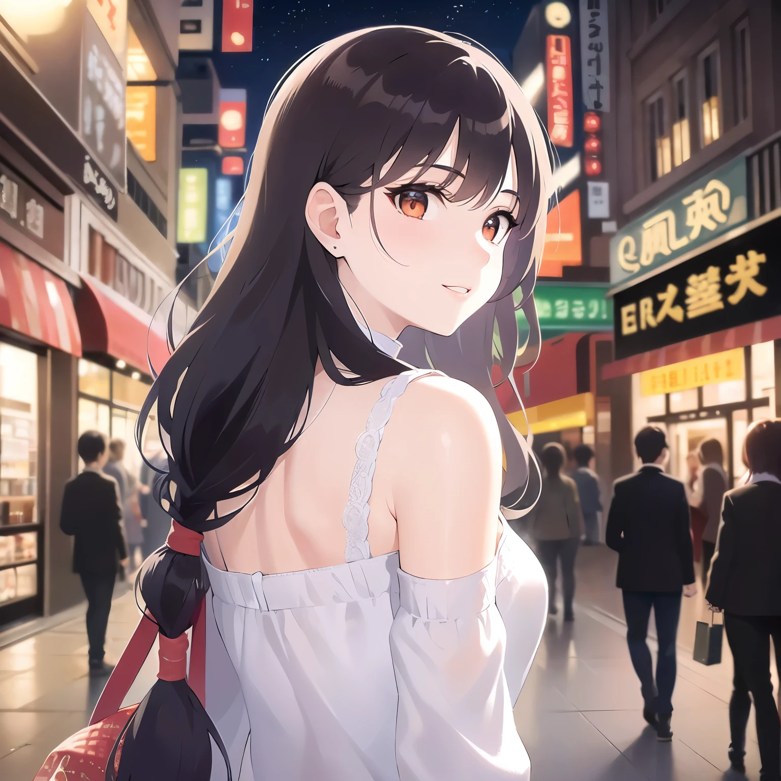look back, Upper Body, Realistic, real person, (pale skin: 1.2), RAW photo, photorealistic, portrait photography, shiny skin, shiny hair、(A 25-year-old woman with medium-length hair and bangs) and (wavy hair) and (brown hair) and (orange eyes) ,White off-shoulder blouse、smile, The background is a shopping street at night、Alone、Are standing