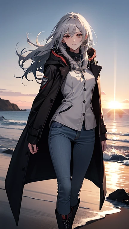 (Confused, High resolution, Very detailed), 1 female, Silver Hair,Long Hair,Reddish brown eyes,boots,Wearing a hood,Long coat,Skinny jeans,Black and white pilot suit,,Small breasts,26 years old,Beautiful woman,Adult female,,thin,quiet,Calm,shy little smile,Coast at dawn
