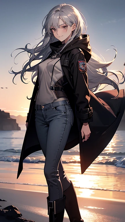 (Confused, High resolution, Very detailed), 1 female, Silver Hair,Long Hair,Reddish brown eyes,boots,Wearing a hood,Long coat,Skinny jeans,Black and white pilot suit,,Small breasts,26 years old,Beautiful woman,Adult female,,thin,quiet,Calm,shy little smile,Coast at dawn
