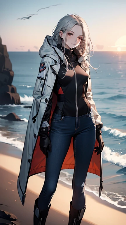 (Confused, High resolution, Very detailed), 1 female, Silver Hair,Long Hair,Reddish brown eyes,boots,Wearing a hood,Long coat,Skinny jeans,Black and white pilot suit,,Small breasts,26 years old,Beautiful woman,Adult female,,thin,quiet,Calm,shy little smile,Coast at dawn