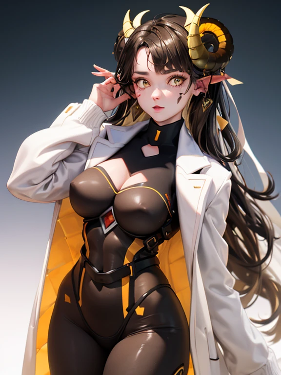 Masterpiece, best quality, expressive eyes, perfect face, 1girl, ccrosselle, leotard bodysuit, earrings, jewelry, goat horns, white yellow jacket 