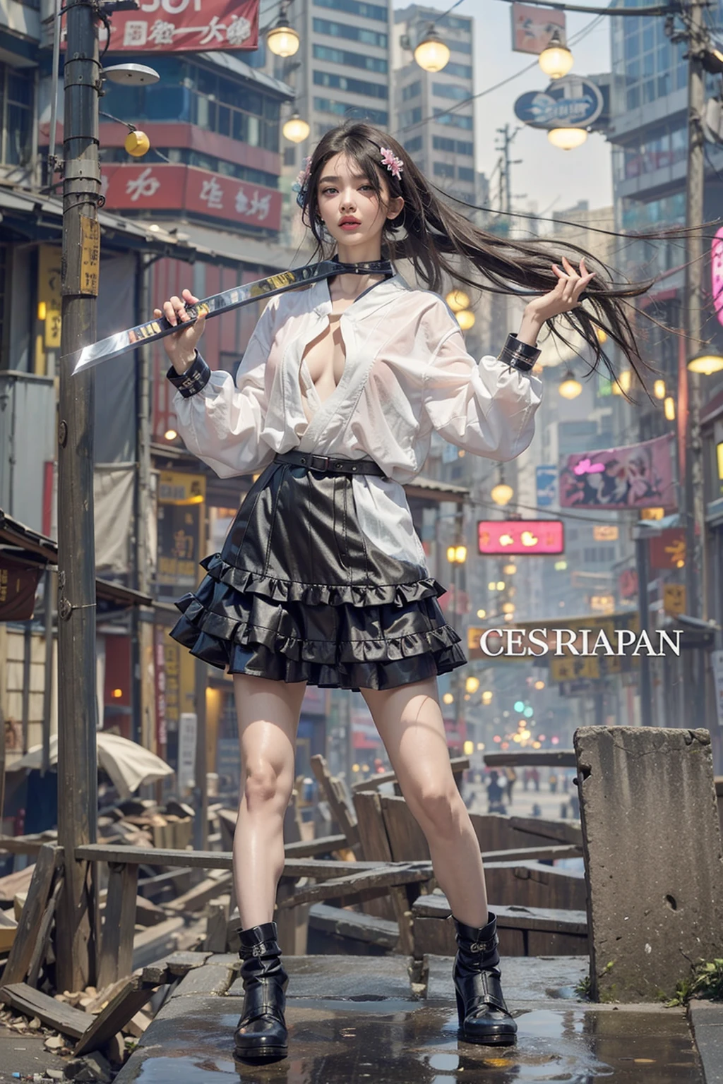highest quality、surreal、perfect anatomy、crowded downtown area、Wet and shiny white skin、model body shape、micro bikini、Mechanical Fist、Sweat dripping all over the body、rainbow hair、Super small face、blush、Ahegao、Rainy evening、Natural lighting、Surrounded by spectators、Crowd、Photo session、Surrounded by cameras、Cleavage、Cyberpunk City、Neon lights、Cat ear、Japanese sword、armor、hairdresser、Geisha Girl、kimono、