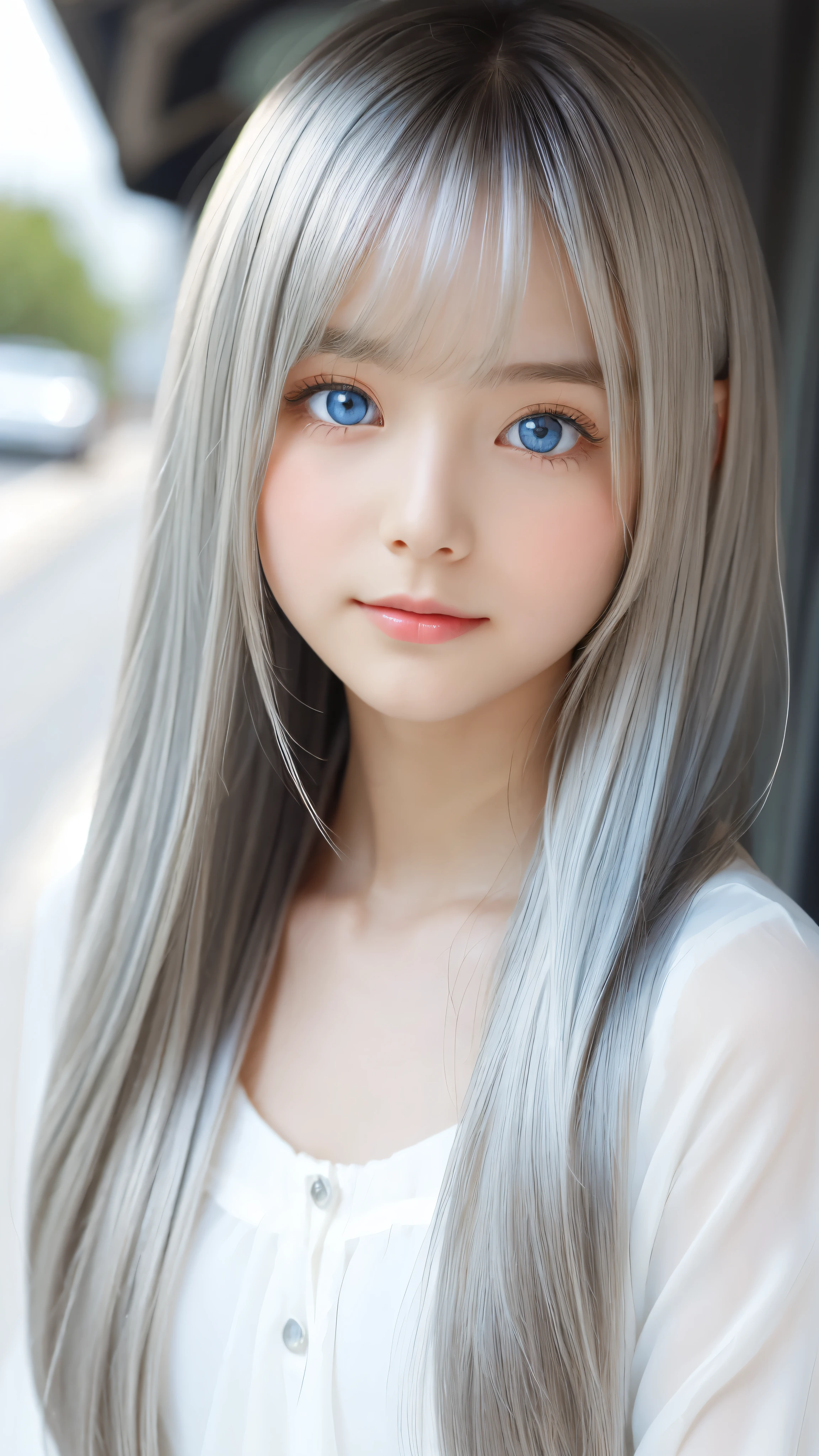 Shining, clear, white skin、Her windblown silver hair hides her beautiful face.、huge、28 years old cute sexy little beautiful face、Beautiful straight hair that stands out、growing up, Sparkling light blue eyes、long silky bangs that cover cute eyes, Sexy and cute young woman with super long hair hiding her sexy face、Shining silver hair