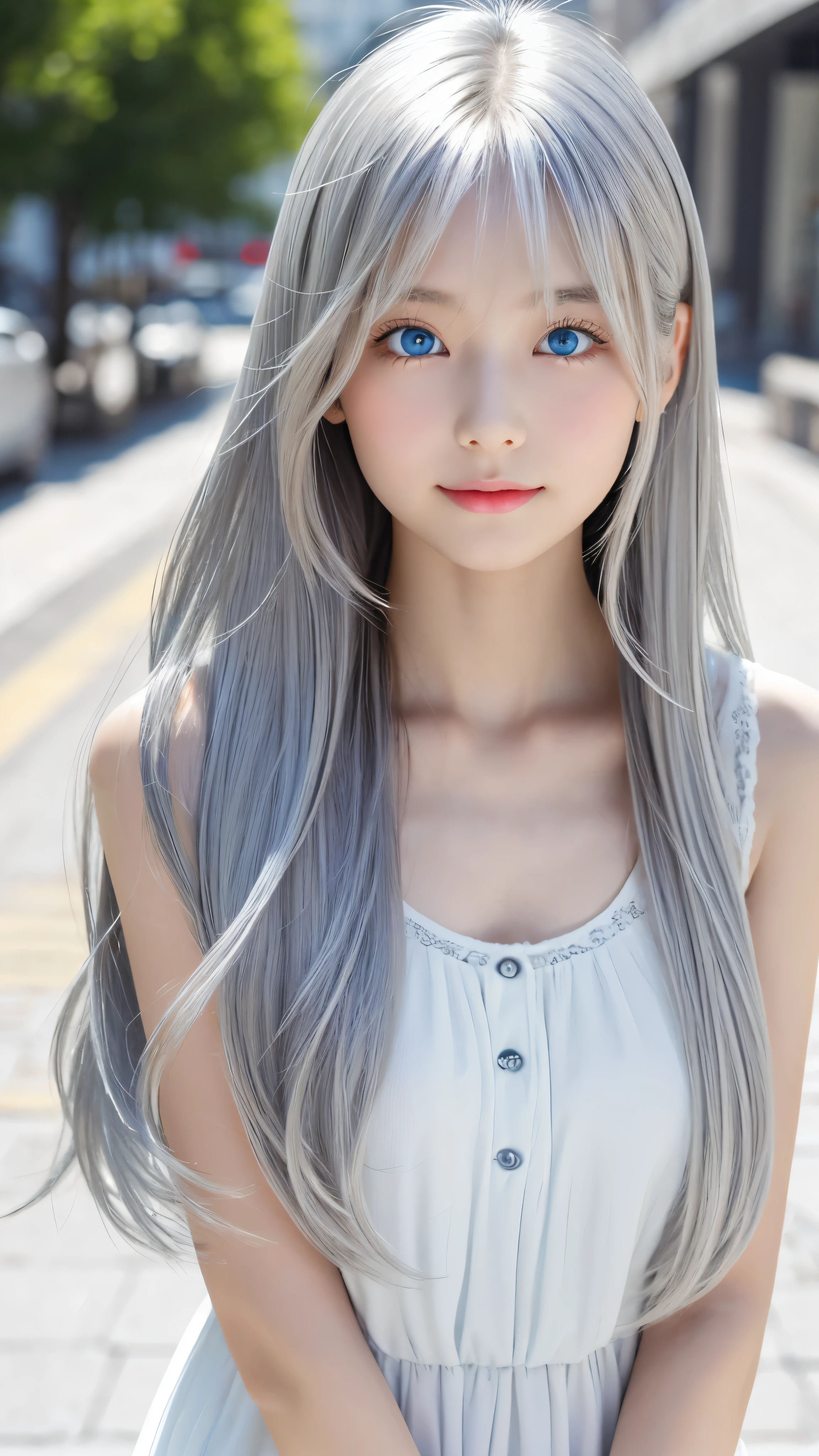 Shining, clear, white skin、Her windblown silver hair hides her beautiful face.、huge、28 years old cute sexy little beautiful face、Beautiful straight hair that stands out、growing up, Sparkling light blue eyes、long silky bangs that cover cute eyes, Sexy and cute young woman with super long hair hiding her sexy face、Shining silver hair