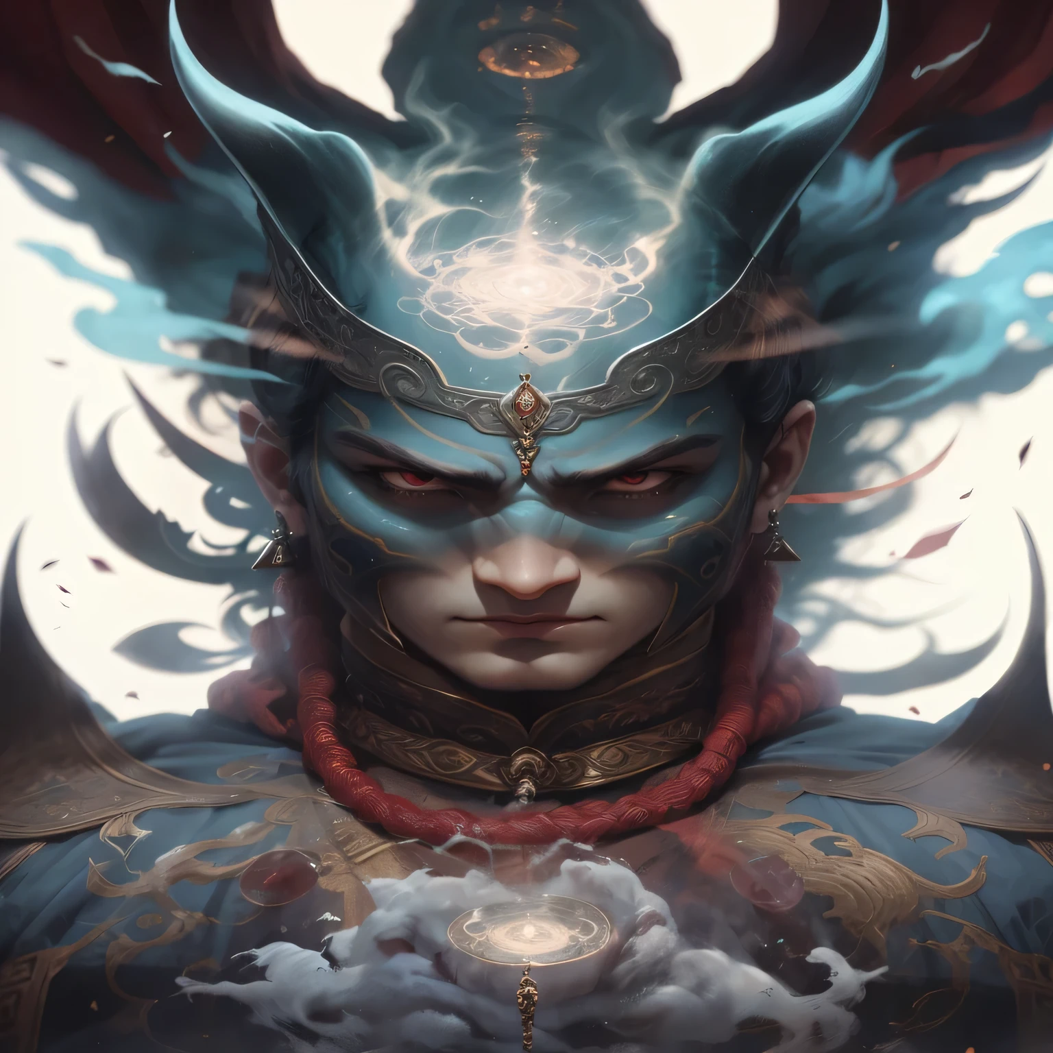 an image portraying the binding of the Jinn. huge genie susspended in mid air, Hero young boy man in robes and maroon cape whip tying th Jinn furiously, double exposure, 34k resolution, A supernatural creature who does one's bidding when summoned, A jinni, jinnee