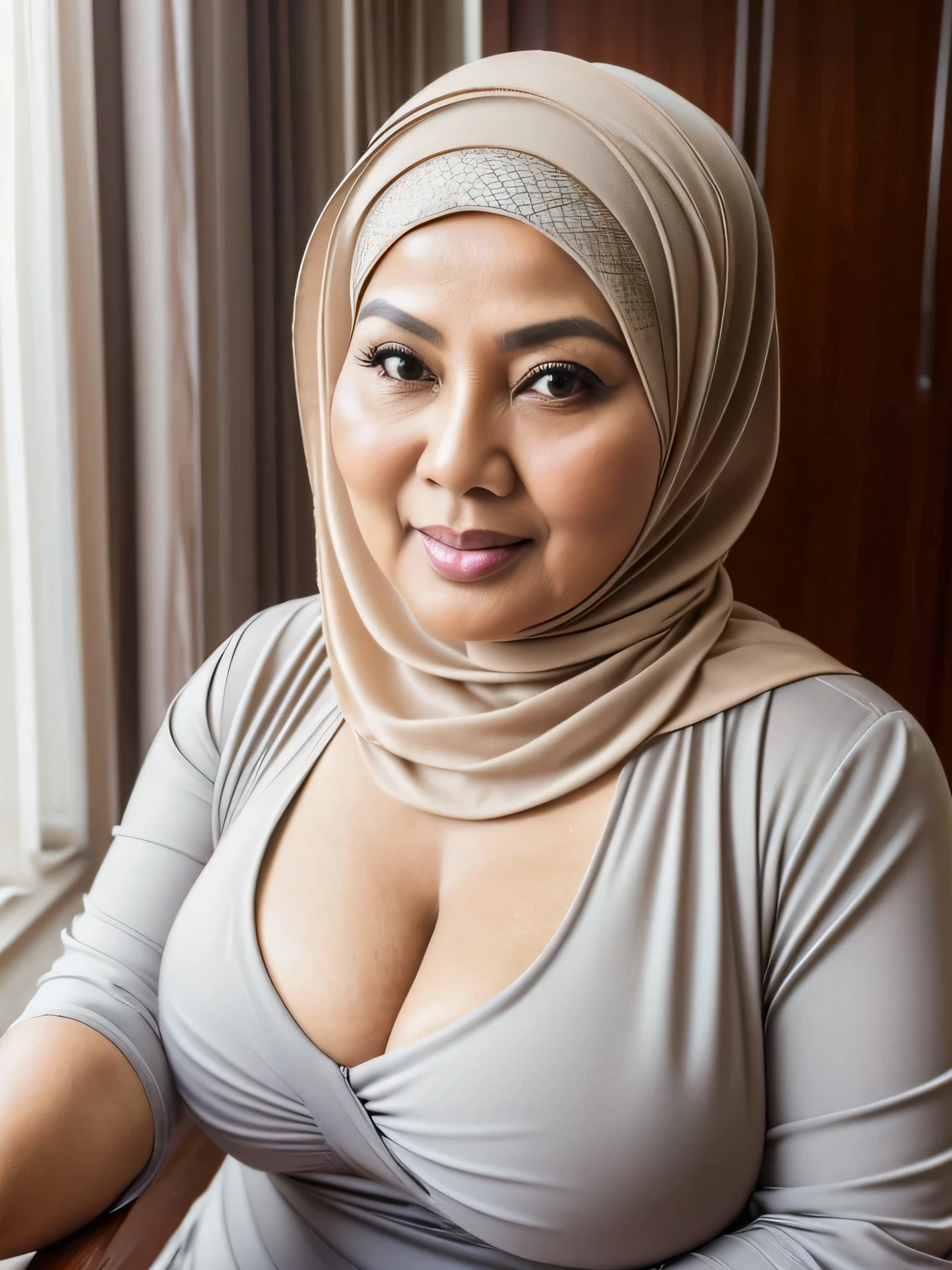 (selfie photo)) (Realistic) ((Sexy Hijab)) (real mature face) (old beauty) 62 Years old fat Indonesian mature woman, sexy curvy, (sexy chubby body shape), (natural makeup), Big : 34.9, Breast about to burst Out, (cleavage) (old woman in Jakarta) soft smile, facing at camera, half body - professional photography with excellent lighting. Blurred background