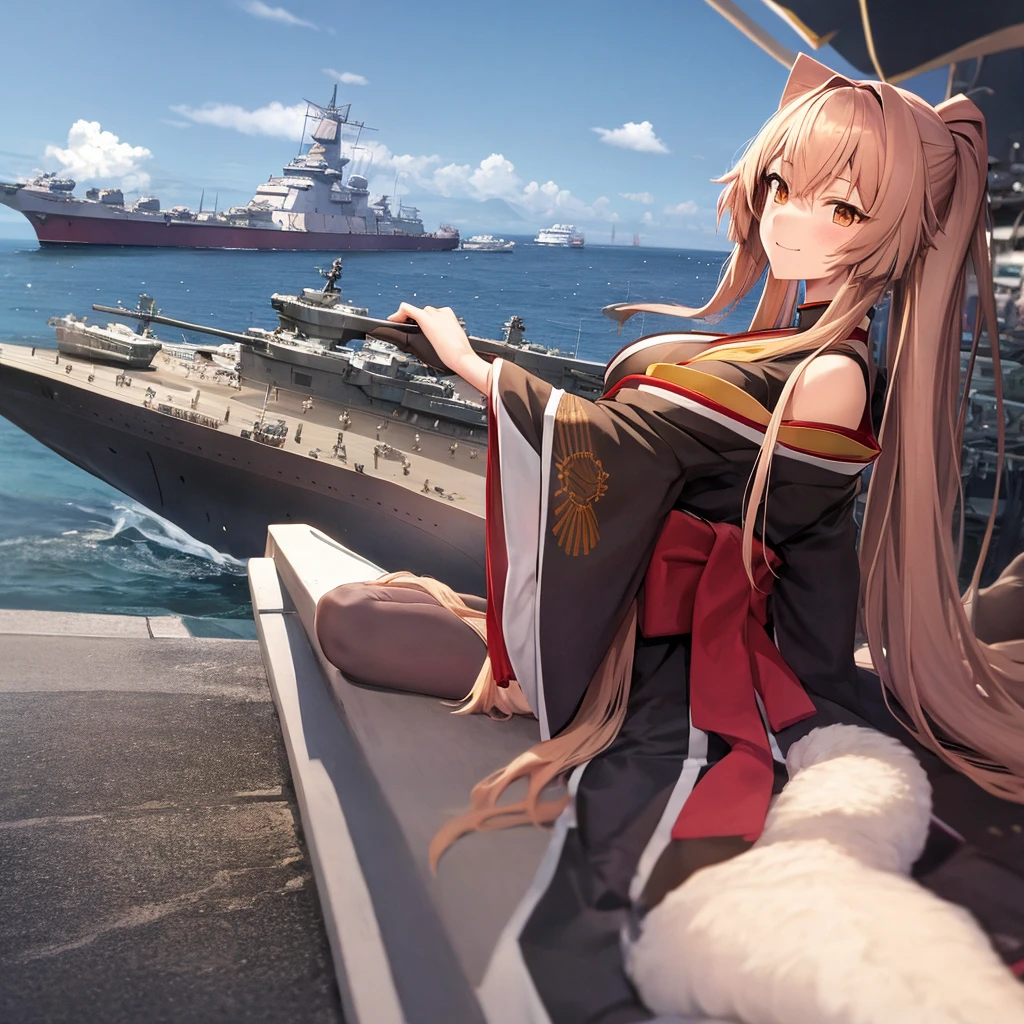 battleship Yamato as an anime girl, wearing kimono, with ships nearby