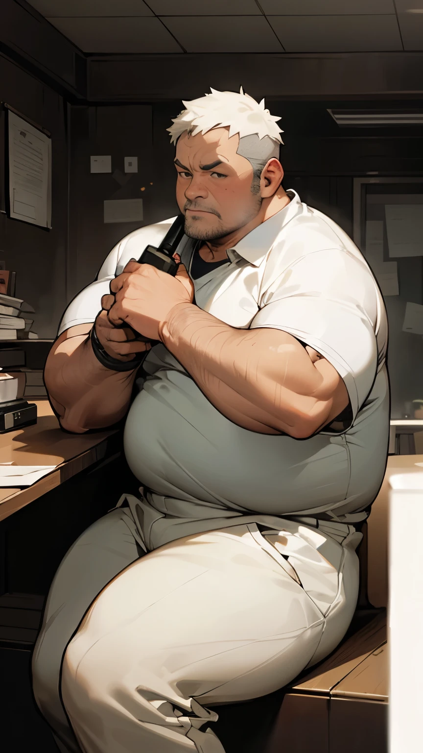 A middle-aged fat man is staring at,Gasping, Cover the crotch, Wearing light grey dirty sportswear, Black short hair, (Fat-encapsulated muscle: 1.0), 30 years old, bookworm, Wear white tracksuits, Shy, Sit in front of a screen, Opposite, In a private room with foggy atmosphere, Casual Thin Hair, Thick neck,Round face, sweat, Solitary, Asia,