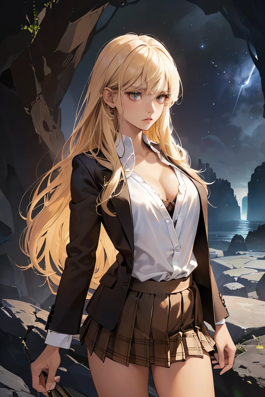 (absurdres, highres, ultra detailed),Masterpiece,intricate details,Best quality,8k,Realistic face,(anime girl),anime style,Realistic skin texture,magnified textures, stunning clarity, ultra detailed eyes and faces, girl(((night,midnight))),((cave)),Perfect Anatomy:1.2,(High school girl,beautiful girl,Japanese,((Beautiful and exquisite face and eyes:1.2,Big beautiful eyes:1.0,)),gal,Blonde,Long Hair,normal breasts,((slim body type)),(brown Skin:1.8),,(Dark blue blazer jacket)、((White Shirt:1.2)),,(prostitution),Underground City,(lonely),((sad))、(Apathy)、downer feeling,((Expressionless)(satin bra:1.2)、(Satin panties),Checkered Pleated Miniskirt,opened shirt,look at viewer,intense eyes,from front,from avove,cowboy shot、spelling magic、magic circle,rocky projectiles,stone bullet,seismic tremors,earth manipulation,shifting terrain,stone golem,stalagmite spikes,terraforming abilities,(perfect anatomy:1.2)、swept bangs