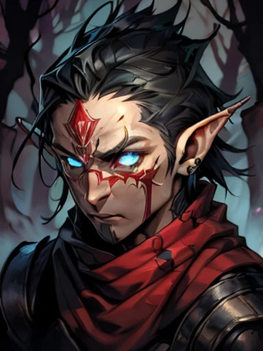 Concept ART, Human Male Young ager , pointer Elf ears,face Tattoo , blue pupils  ,Black hair , red Torn Scarf , Bandage ,Ancient dark magic , Handsome guy , poses