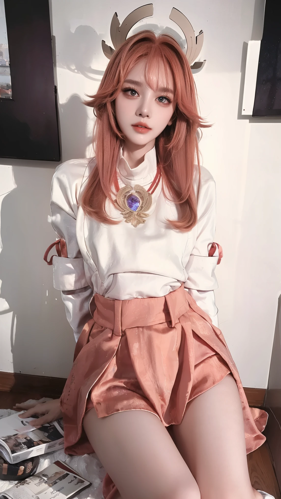((best quality)), ((masterpiece)), (detailed), perfect face, pretty face, beautiful female, beautiful body, perfect body, head accessories, at the park, short sleeve sweater, mini skirt, at the apartment room, living room