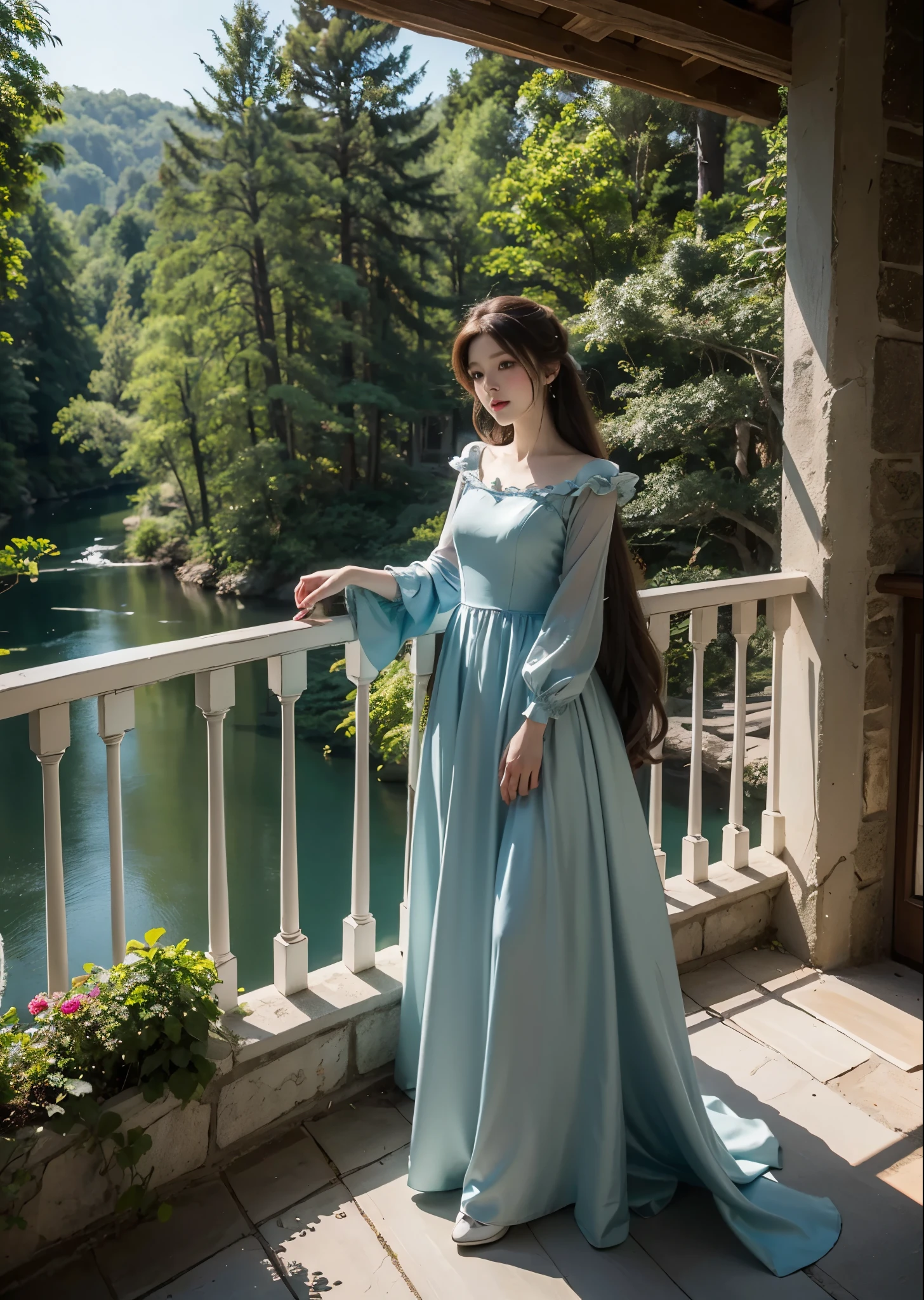 Standing on the balcony of a high-rise Western castle1People Women、A pretty girl like Rapunzel、Wearing a princess dress、Forests and rivers below、Full body photo、masterpiece、highest quality、Very detailed、Official Art