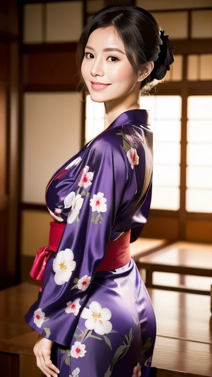 highest quality, masterpiece, Ultra-high resolution, At the Japan temple, (Realistic:1.4), smile, One beautiful woman,),((Homongi)), (yukata), geisha, warrior, Huge Ass，Huge breasts, silk clothes, Proper attire, Beautiful kimono, Wide Camera, whole body