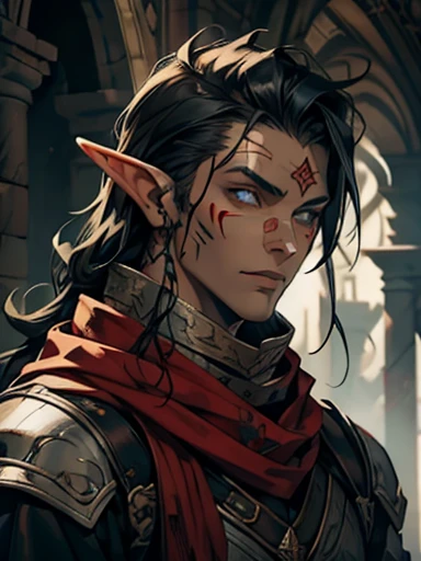 Concept ART, Human Male Young ager , pointer Elf ears,face Tattoo , blue pupils  ,Black hair , red Torn Scarf , Bandage ,Ancient dark magic , Handsome guy , poses