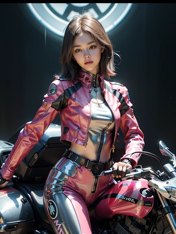 ((highest quality)), ((masterpiece)), ((Perfect Face))、((Detailed Motorcycle))、Detailed and clear photos、((Cyborg Woman))、((Pink long sleeve riding jacket and leather pants))、((Riding on motorcycle))、((cybernetics))、Slender body、((Woman with a mechanical body))、Communication Headset、(((Steel Fingers)))、(((The body is mechanized)))、Full Body Shot、The background is a futuristic city、smile