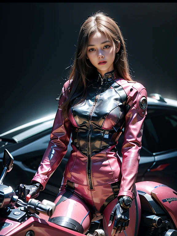 ((highest quality)), ((masterpiece)), ((Perfect Face))、((Detailed Motorcycle))、Detailed and clear photos、((Cyborg Woman))、((Pink long sleeve riding jacket and leather pants))、((Riding on motorcycle))、((cybernetics))、Slender body、((Woman with a mechanical body))、Communication Headset、(((Steel Fingers)))、(((The body is mechanized)))、Full Body Shot、The background is a futuristic city、smile、(Big eyes and a pretty face),The whole body is slightly soot-stained.,Sexy clothes that expose the skin、Sexy pose