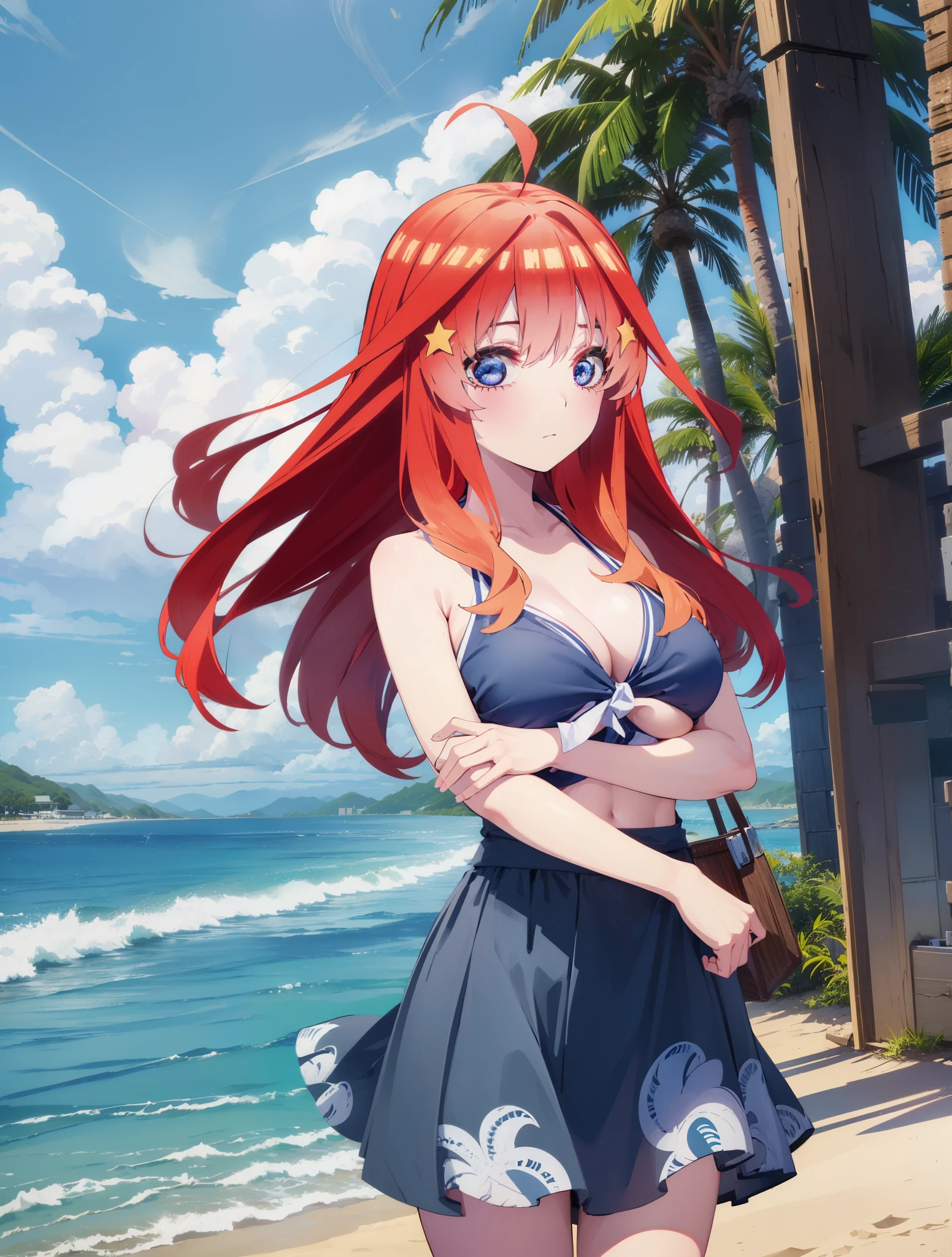 itsukinakano, Itsuki Nakano, bangs, blue eyes, Hair between the eyes, Ahoge, Redhead, star \(symbol\), hair ornaments, star hair ornaments,Big straw hat,Red Bikini,Bare Belly, (Beach salon), (Beautiful big breasts:1.3), ((salon)), Beach outfit,real summer,Palm tree,
break outdoors, Beach,
break looking at viewer, (Cowboy Shot:1.5),
break (masterpiece:1.2), highest quality, High resolution, unity 8k wallpaper, (shape:0.8), (Beautiful and beautiful eyes:1.6), Highly detailed face, Perfect lighting, Highly detailed CG, (Perfect hands, Perfect Anatomy),