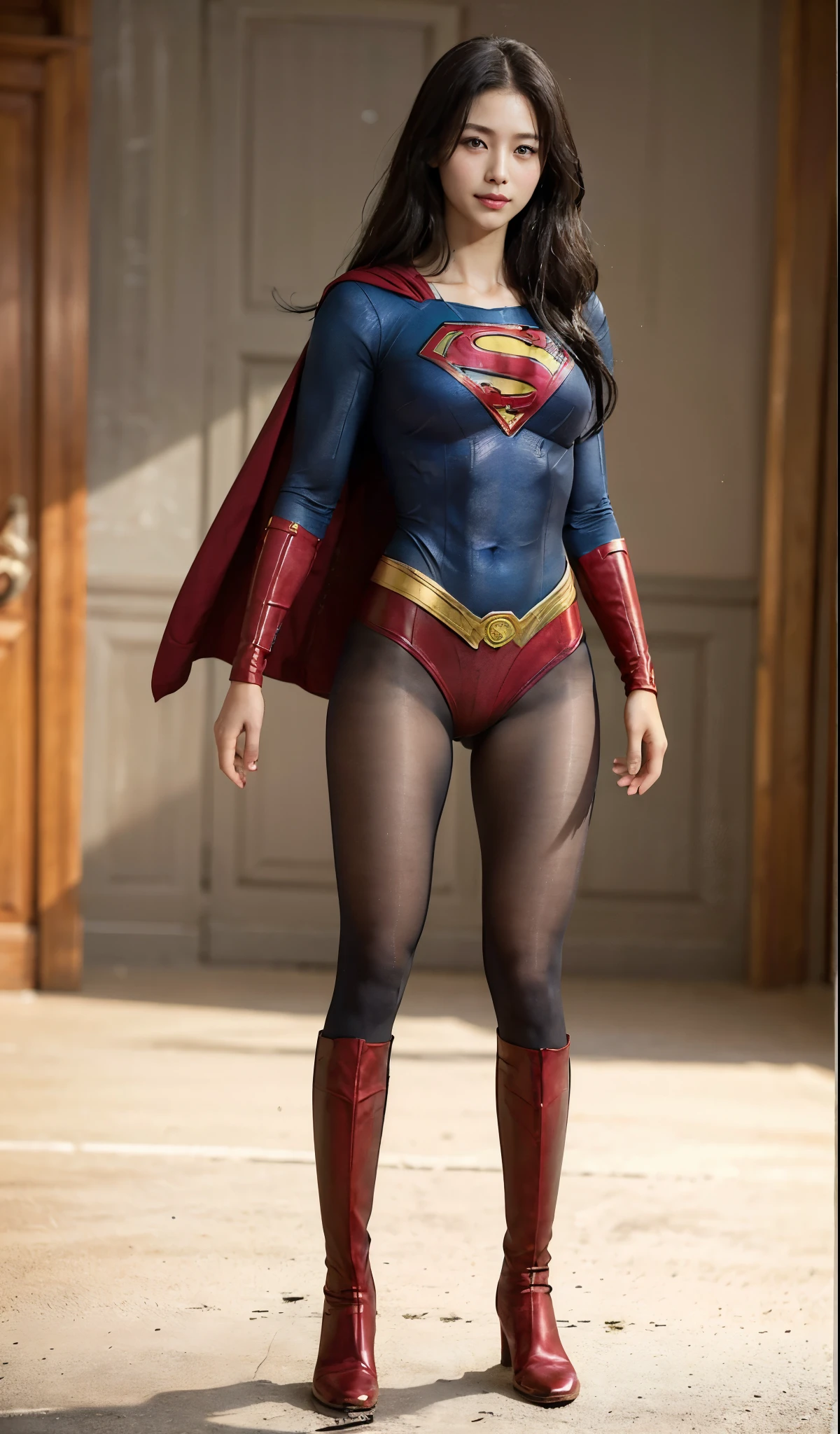 No background、(((Beautiful legs in black tights.)))、(((Legally express the beauty of your smile)))、((((Make the most of your original images)))、(((Supergirl Costume)))、(((Beautiful Hair)))、(((suffering)))、(((Please wear black tights....、Wear red boots)))、((Best image quality、8K))、((highest quality、8K、masterpiece:1.3))、(((Preserve background )))、Sharp focus:1.2、Beautiful woman with perfect figure:1.4、Thin abdominal muscles:1.2、Wet body:1.5、Highly detailed face and skin texture、8K