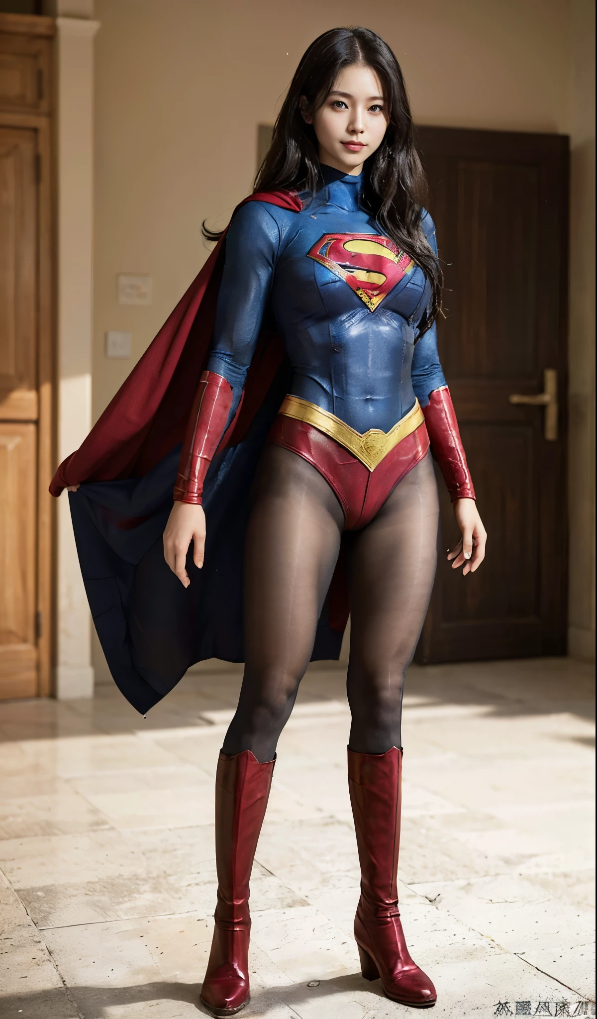 No background、(((Beautiful legs in black tights.)))、(((Legally express the beauty of your smile)))、((((Make the most of your original images)))、(((Supergirl Costume)))、(((Beautiful Hair)))、(((suffering)))、(((Please wear black tights....、Wear red boots)))、((Best image quality、8K))、((highest quality、8K、masterpiece:1.3))、(((Preserve background )))、Sharp focus:1.2、Beautiful woman with perfect figure:1.4、Thin abdominal muscles:1.2、Wet body:1.5、Highly detailed face and skin texture、8K