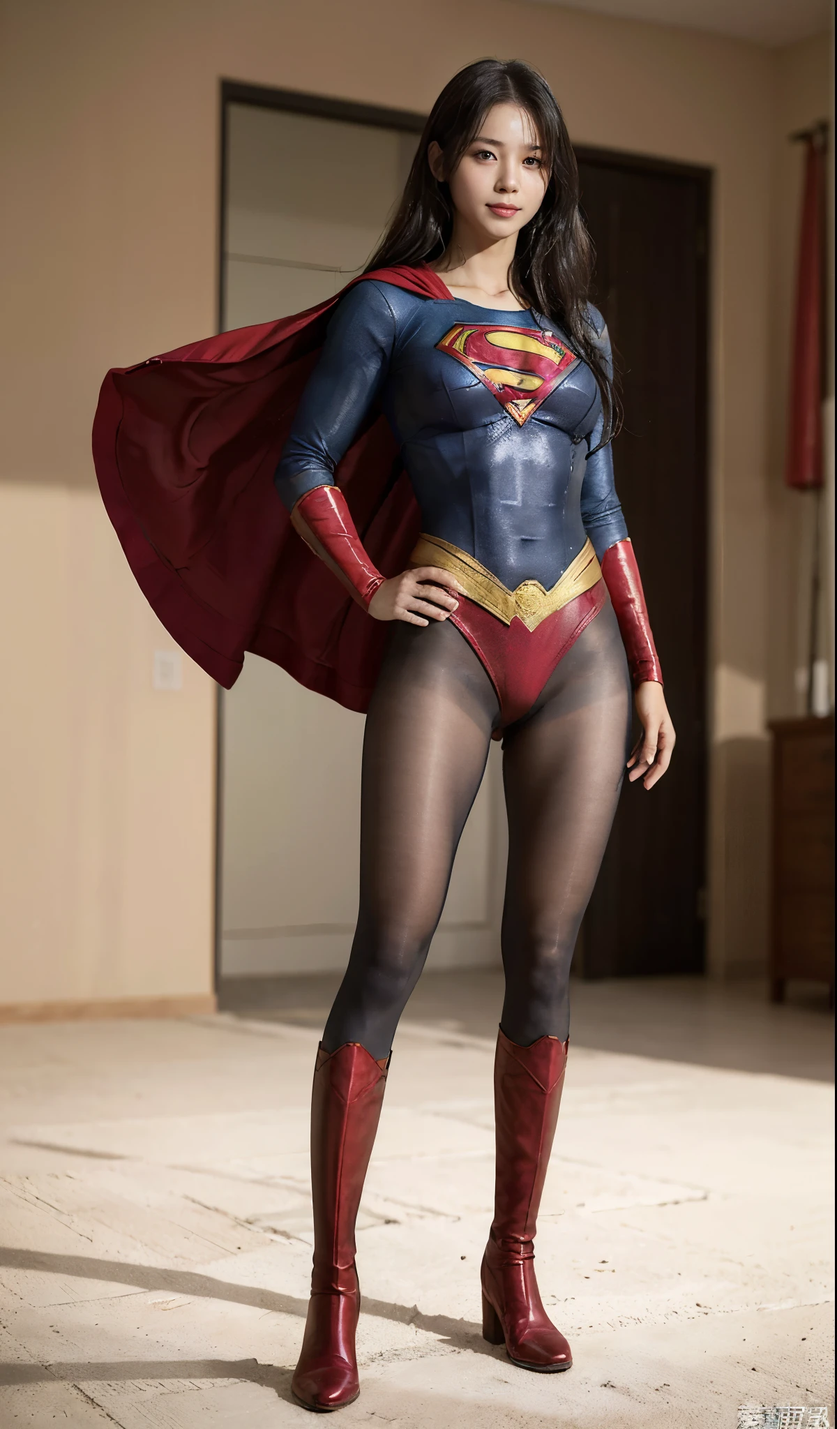 No background、(((Beautiful legs in black tights.)))、(((Legally express the beauty of your smile)))、((((Make the most of your original images)))、(((Supergirl Costume)))、(((Beautiful Hair)))、(((suffering)))、(((Please wear black tights....、Wear red boots)))、((Best image quality、8K))、((highest quality、8K、masterpiece:1.3))、(((Preserve background )))、Sharp focus:1.2、Beautiful woman with perfect figure:1.4、Thin abdominal muscles:1.2、Wet body:1.5、Highly detailed face and skin texture、8K