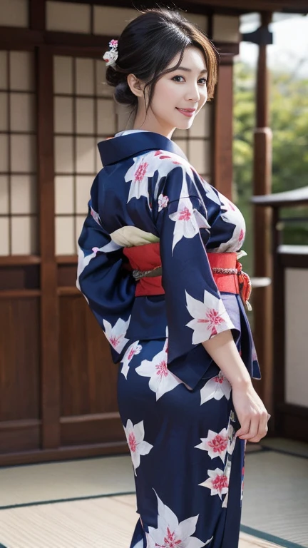 highest quality, masterpiece, Ultra-high resolution, At the Japan temple, (Realistic:1.4), smile, One beautiful woman,),((Homongi)), (yukata), geisha, warrior, Huge Ass，Huge breasts, silk clothes, Proper attire, Beautiful kimono, Wide Camera, whole body