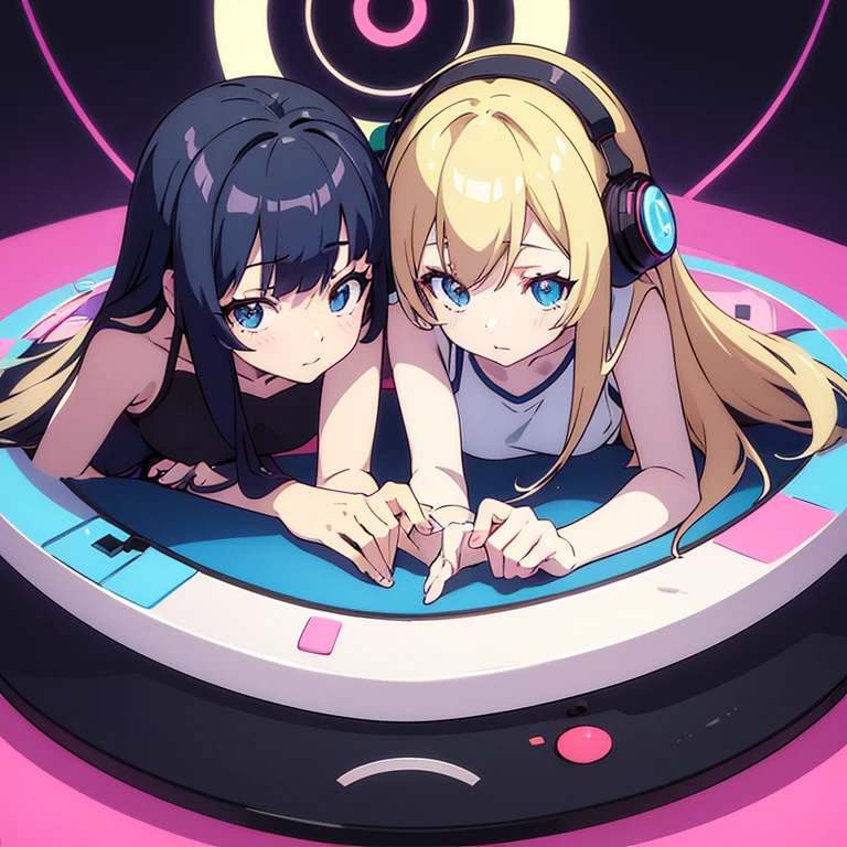 two anime girls in headphones are playing music on a turntable, anime vibes, anime style 4 k, ig studios anime style, nightcore, 8 0 s anime vibe, anime girls, anime style. 8k, lofi artstyle, dj sura, anime moe artstyle, anime style illustration, trending on cgstation, anime style artwork, e - girl
