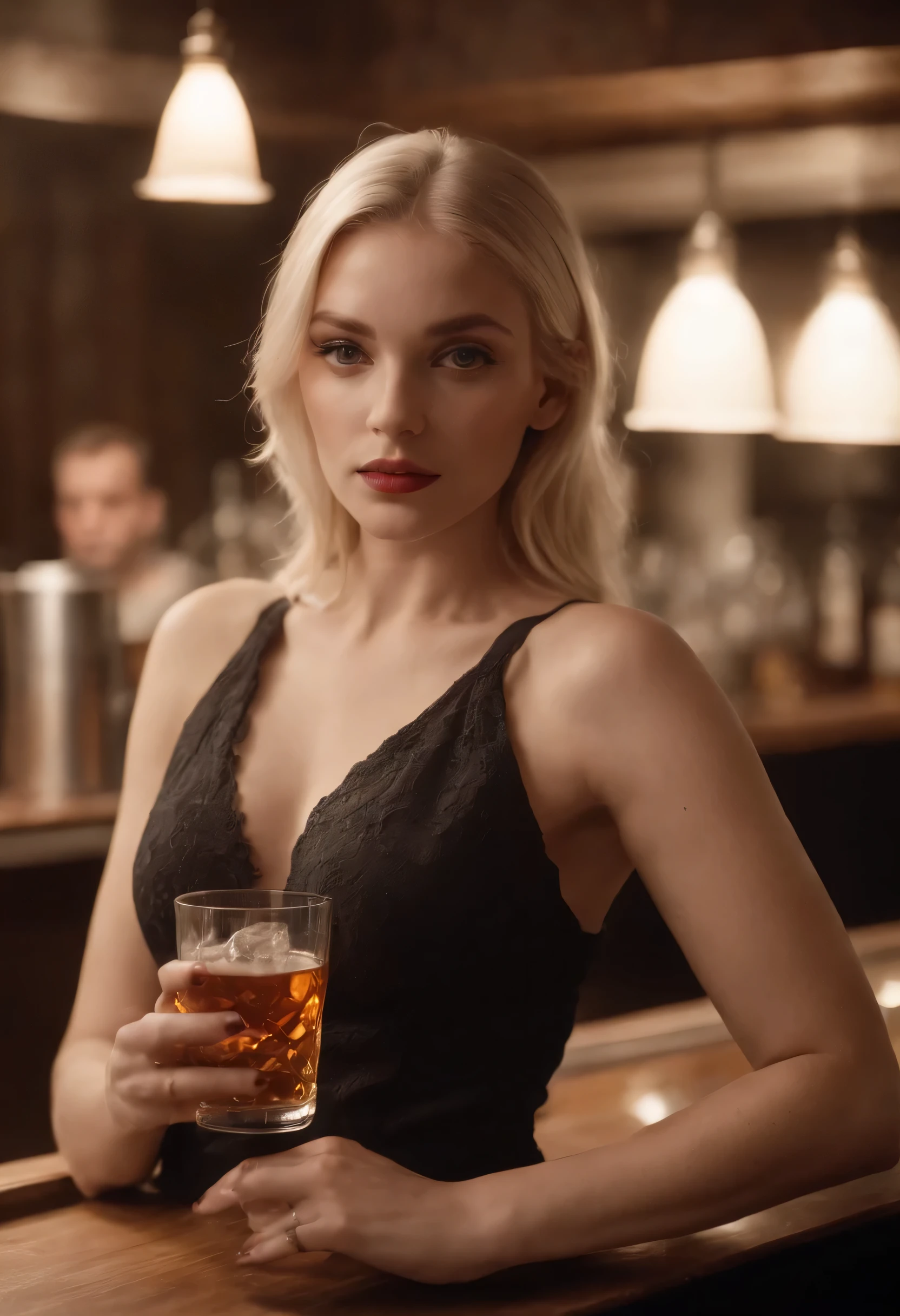 Top quality, masterpiece, slender model figure, beautiful large breasts, good ass, beautiful legs, beautiful girl, night tavern Belarusian model, beautiful woman, 25 years old, blonde, open shirt, miniskirt, (sexy: 1.2), working in a tavern serving drinks.