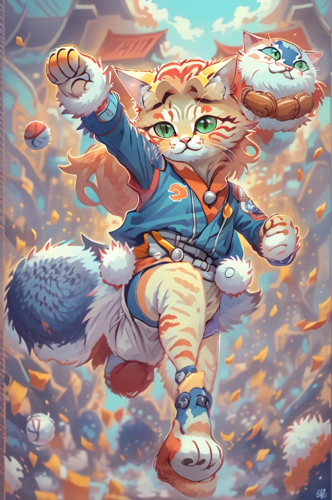 "Pafu-chan, a cat yokai, supporting Lotte Marines"
(main subject) Pafu-chan, a cute cat yokai, shown in a joyful and energetic pose, wearing a cheerleader costume with the Lotte Marines team logo on it. Pafu-chan has a playful expression and is holding a pom-pom in one hand, while the other hand is raised high in the air, showing support for the Lotte Marines baseball team.

(material) The artwork is created in a vibrant and dynamic illustrative style, with bold lines and vibrant colors, reminiscent of Japanese manga and anime. The overall composition is visually appealing, with Pafu-chan as the focal point of the image.

(additional details) The background of the artwork depicts a baseball stadium filled with enthusiastic fans, cheering and waving flags in support of the Lotte Marines. The atmosphere is lively and filled with excitement. Pafu-chan is surrounded by a group of adorable cat yokai fans, each showcasing their unique characteristics and costumes.

(image quality) The image is created with the utmost attention to detail and precision, resulting in a high-resolution, ultra-detailed artwork. The colors are vivid and saturated, with a wide range of tones and hues. The artwork also features realistic shading and highlights, giving it a three-dimensional appearance.

(artistic style) The artwork is inspired by the concept of "kawaii" (cuteness) and combines it with the spirit of sports and team support. It blends elements of Japanese folklore and pop culture, creating a unique and appealing art style.

(color toning) The color palette of the artwork is predominantly vibrant and energetic, with a focus on the team colors of Lotte Marines, which include shades of blue, white, and red. The colors are used to convey a sense of enthusiasm and team spirit.

(light) The overall lighting of the artwork is bright and evenly distributed, with highlights on Pafu-chan and the fans, enhancing the sense of joy and excitement. The lighting creates a pleasant and cheerful atm