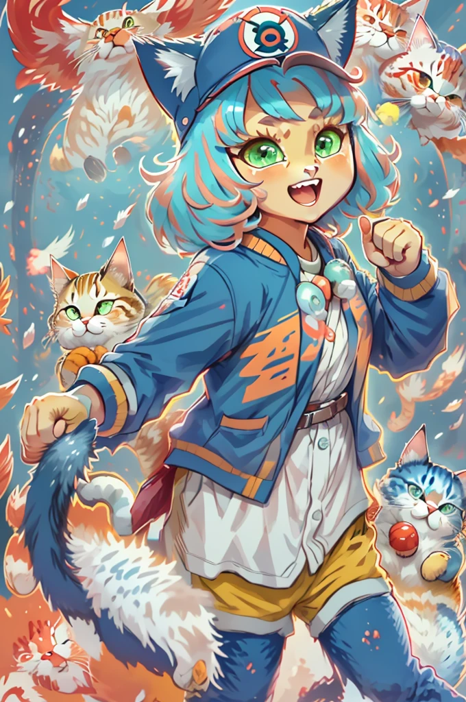 "Pafu-chan, a cat yokai, supporting Lotte Marines"
(main subject) Pafu-chan, a cute cat yokai, shown in a joyful and energetic pose, wearing a cheerleader costume with the Lotte Marines team logo on it. Pafu-chan has a playful expression and is holding a pom-pom in one hand, while the other hand is raised high in the air, showing support for the Lotte Marines baseball team.

(material) The artwork is created in a vibrant and dynamic illustrative style, with bold lines and vibrant colors, reminiscent of Japanese manga and anime. The overall composition is visually appealing, with Pafu-chan as the focal point of the image.

(additional details) The background of the artwork depicts a baseball stadium filled with enthusiastic fans, cheering and waving flags in support of the Lotte Marines. The atmosphere is lively and filled with excitement. Pafu-chan is surrounded by a group of adorable cat yokai fans, each showcasing their unique characteristics and costumes.

(image quality) The image is created with the utmost attention to detail and precision, resulting in a high-resolution, ultra-detailed artwork. The colors are vivid and saturated, with a wide range of tones and hues. The artwork also features realistic shading and highlights, giving it a three-dimensional appearance.

(artistic style) The artwork is inspired by the concept of "kawaii" (cuteness) and combines it with the spirit of sports and team support. It blends elements of Japanese folklore and pop culture, creating a unique and appealing art style.

(color toning) The color palette of the artwork is predominantly vibrant and energetic, with a focus on the team colors of Lotte Marines, which include shades of blue, white, and red. The colors are used to convey a sense of enthusiasm and team spirit.

(light) The overall lighting of the artwork is bright and evenly distributed, with highlights on Pafu-chan and the fans, enhancing the sense of joy and excitement. The lighting creates a pleasant and cheerful atm