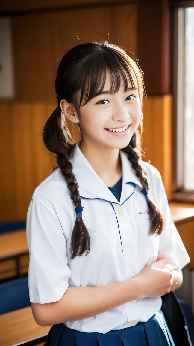 Lens 135mm f1.8, (highest quality),(RAW photo), , (Beautiful 15 year old Japanese girl), cute face, (deeply carved face:0.7), (freckles:0.6), , (japanese school uniform), (inside the school in the classroom), shy, twintails, (cowboy shots of:1.2), (embarrassed smile),, (sparkling eyes)、hands on own chest, , standing, ,