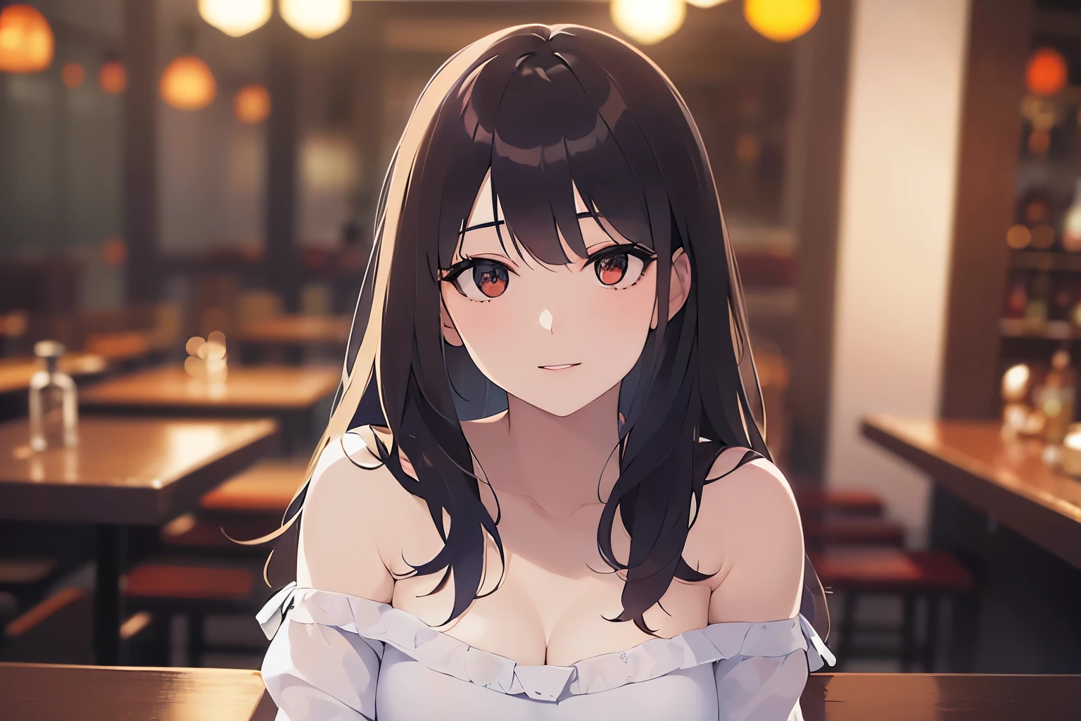 holding a wine glass, Upper Body, Realistic, real person, (pale skin: 1.2), RAW photo, photorealistic, portrait photography, shiny skin, shiny hair、(A 25-year-old woman with medium-length hair and bangs) and (wavy hair) and (brown hair) and (orange eyes) ,White off-shoulder blouse、smile, The background is the interior of a restaurant at night.、Alone、Sitting