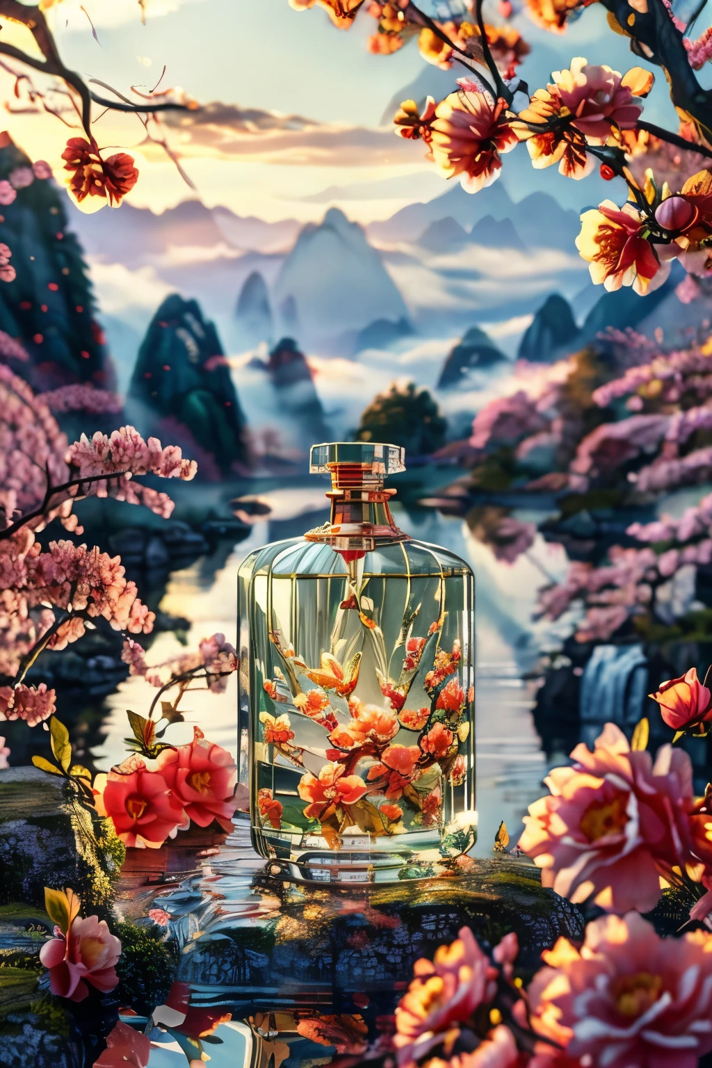 Best quality,masterpiece,ultra high res,(photorealistic:1.4),4k,finely detailed,
paint,flower,no humans,blurry,scenery,bug,mountain,depth of field,blurry background,water,branch,outdoors,reflection,day,cloud,bottle,cherry blossoms,butterfly,tree,pink flower,sky,